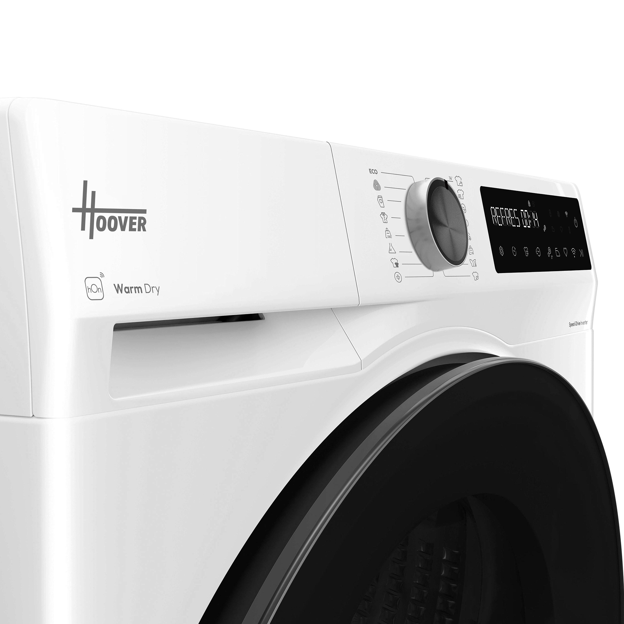 Nahaufnahme einer weißen Hoover-Waschmaschine mit Bedienfeld und Trommel.