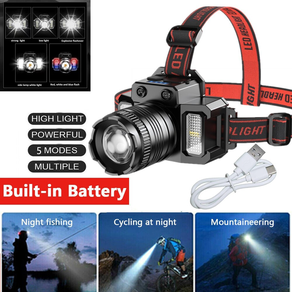 Schwarze LED-Stirnlampe mit rotem Band, USB-Kabel und 3 Aktivitätsbildern.