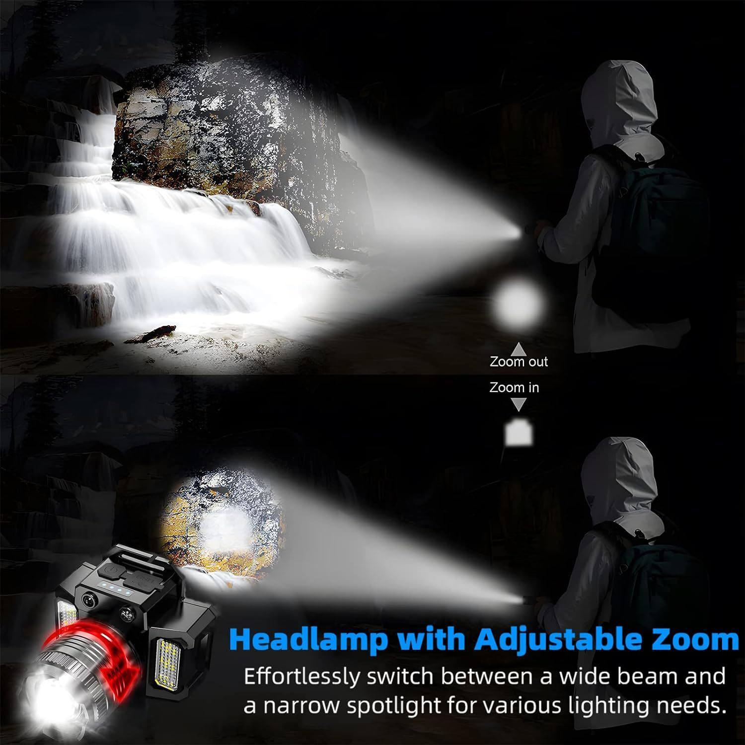 Eine Person leuchtet mit einer Stirnlampe in eine Höhle; ein Wasserfall ist im oberen Teil.