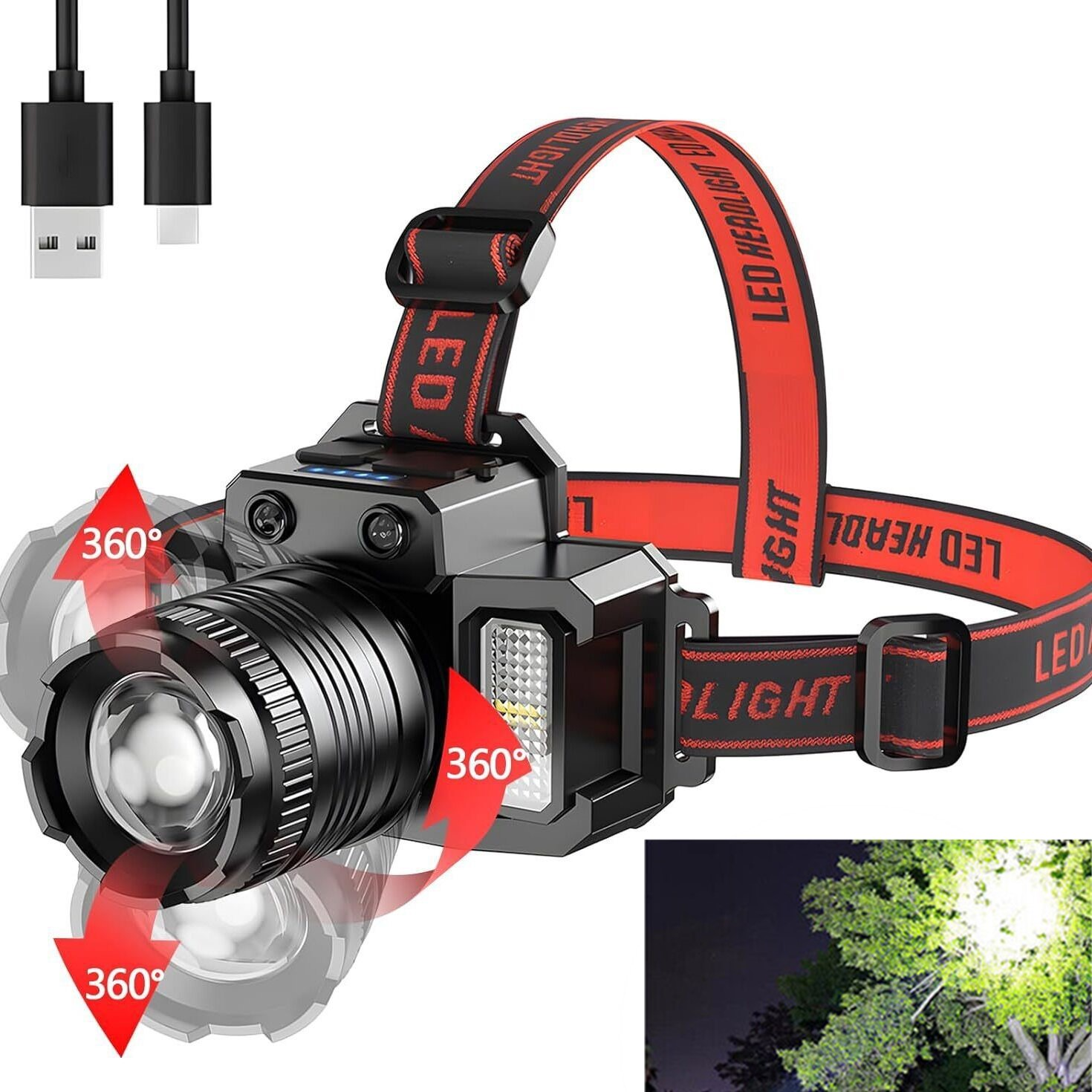Eine schwarze Stirnlampe mit rotem Band und USB-Kabeln.