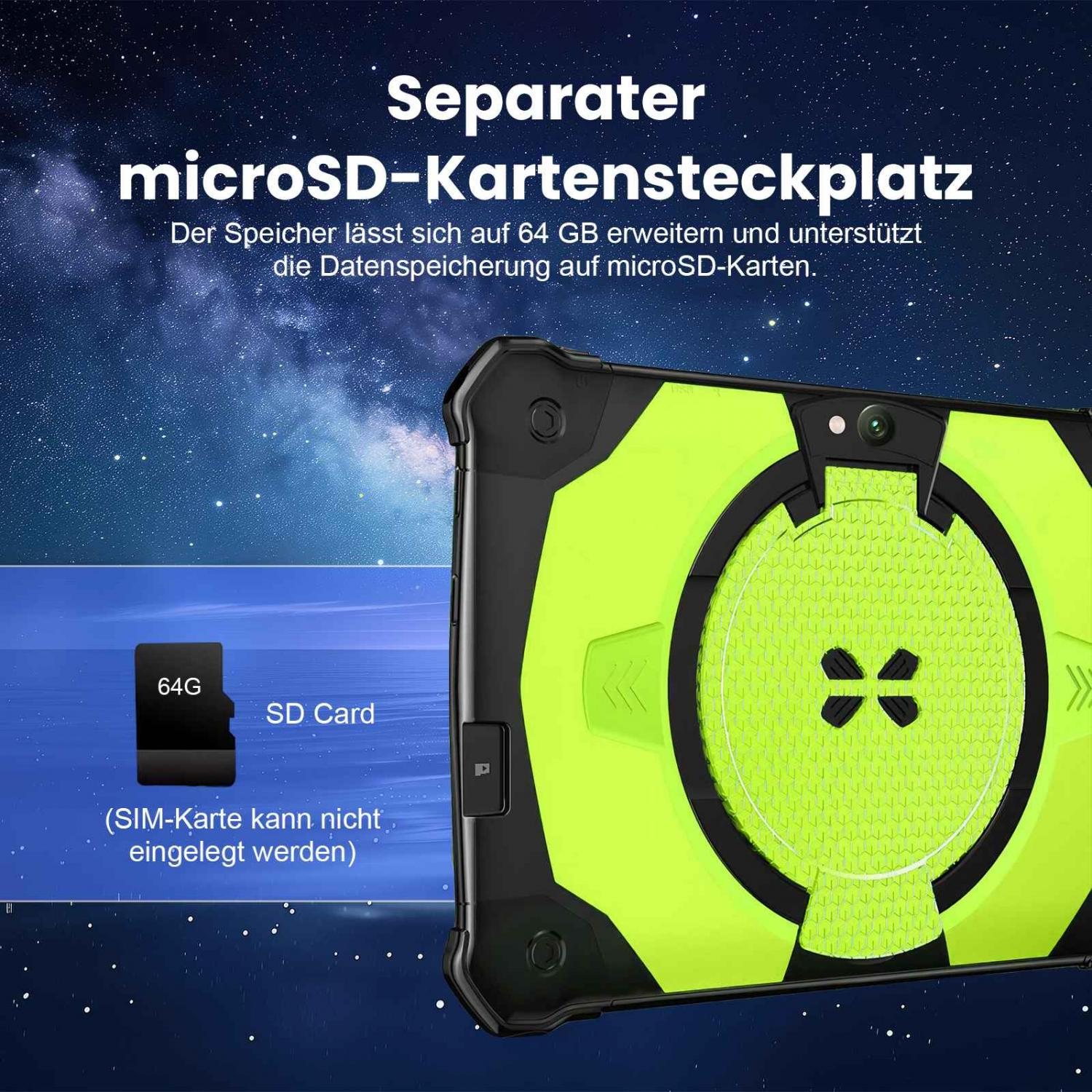 Ein Tablet mit separatem microSD-Kartenslot, 64GB SD-Karte wird gezeigt.