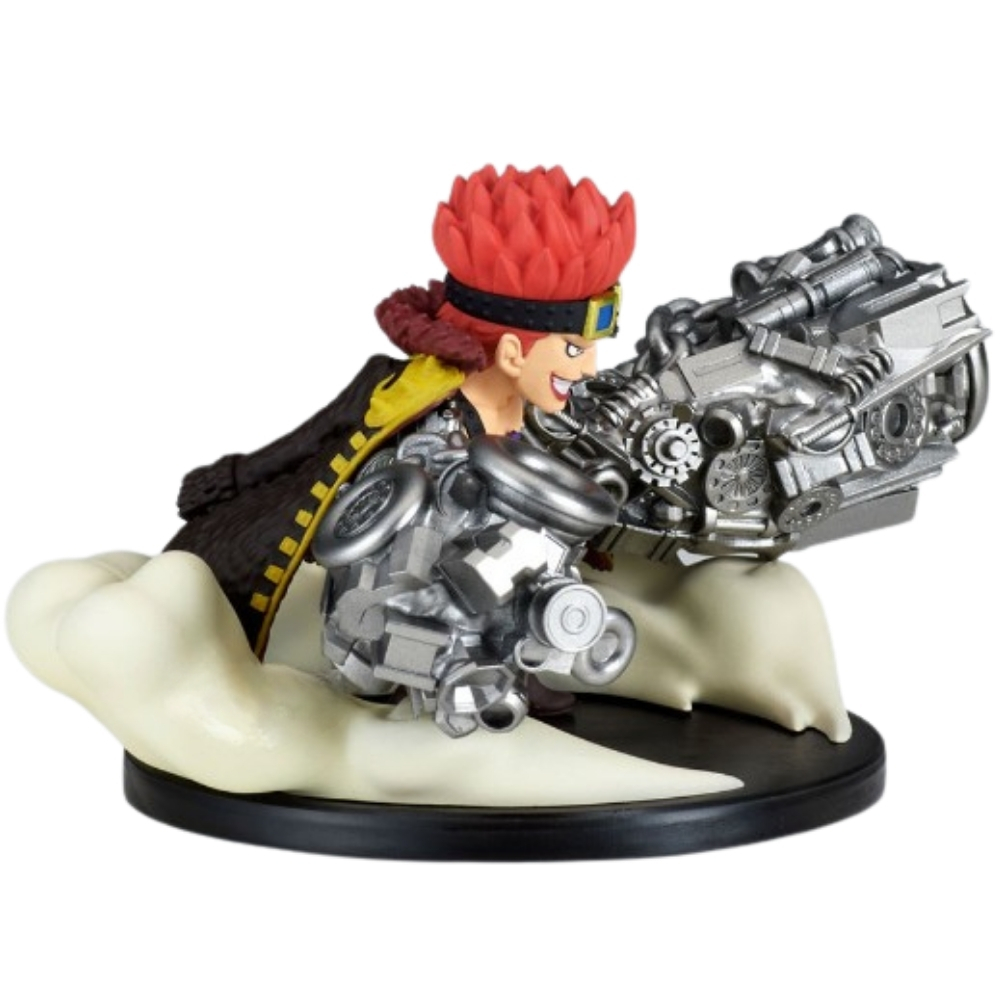 Eine detaillierte Anime-Figur mit roten stacheligen Haaren, einem mechanischen Arm und einer großen Waffe auf einer wolkenartigen Basis.