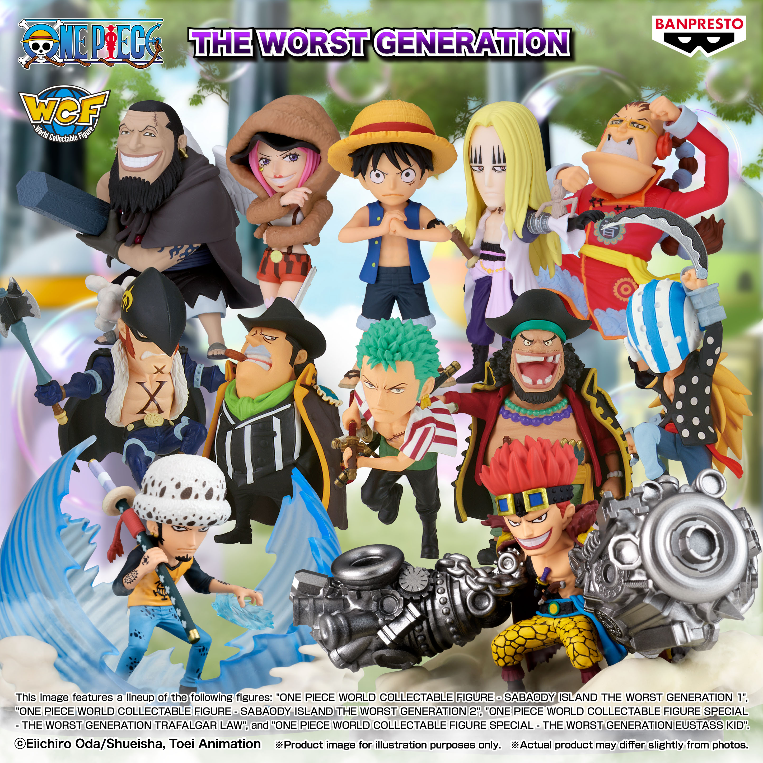 Diverse One Piece Figuren der 'Worst Generation' vor einem unscharfen Hintergrund.