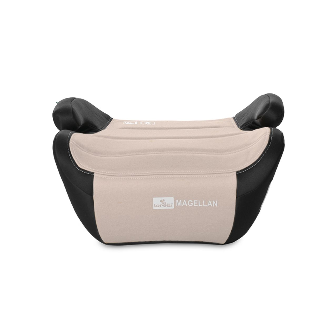 Beige und schwarze Kindersitzerhöhung mit gepolsterten Armlehnen.
