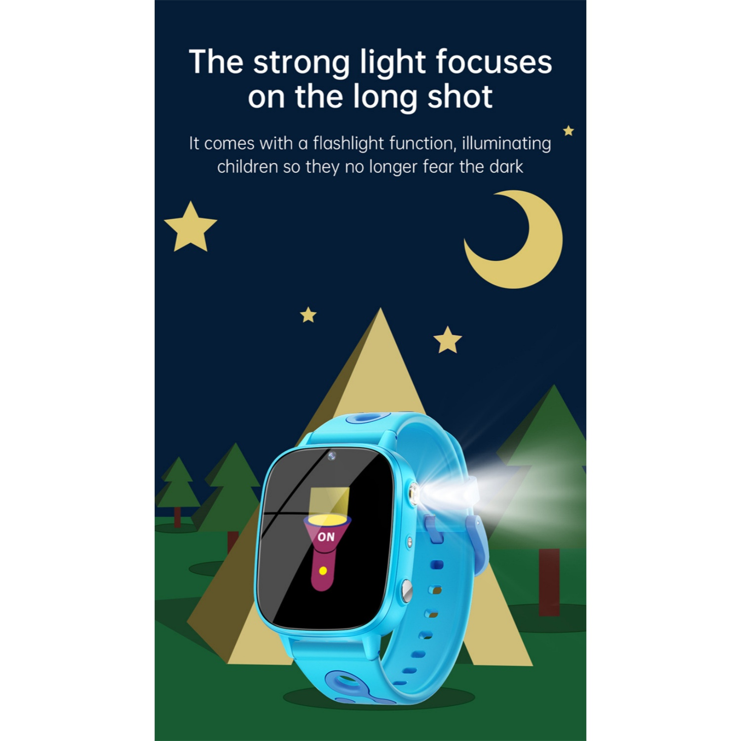 Blaue Kinderuhr mit aktivierter Taschenlampe, die einen Lichtstrahl aussendet. Nachtszene.