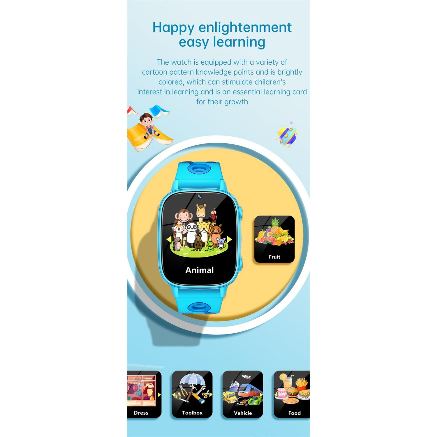 Blaue Smartwatch zeigt Tiersymbole, Fruchtsymbole, Kleidung, Werkzeugkasten, Fahrzeug und Lebensmittelsymbole.