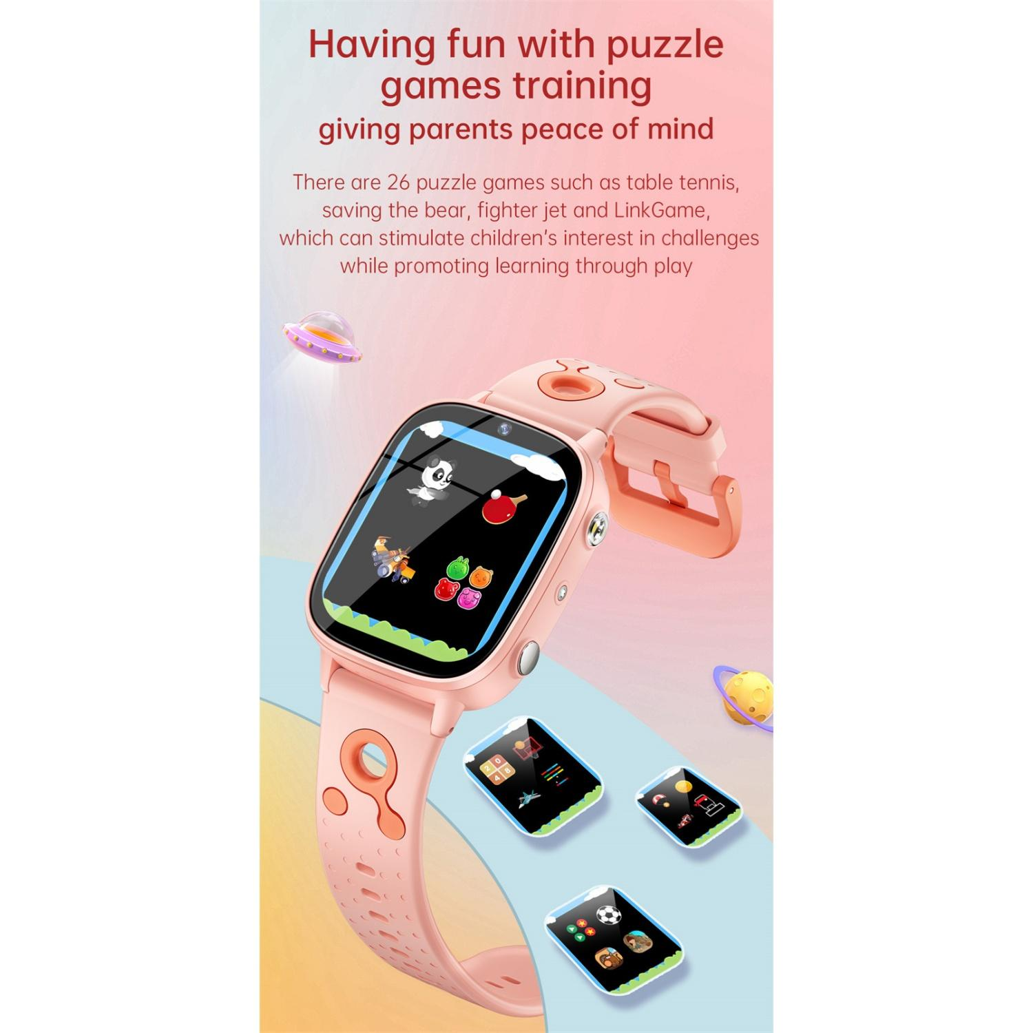 Ein rosafarbenes Smartwatch-Spielzeug für Kinder mit bunten Spielsymbolen und Text.
