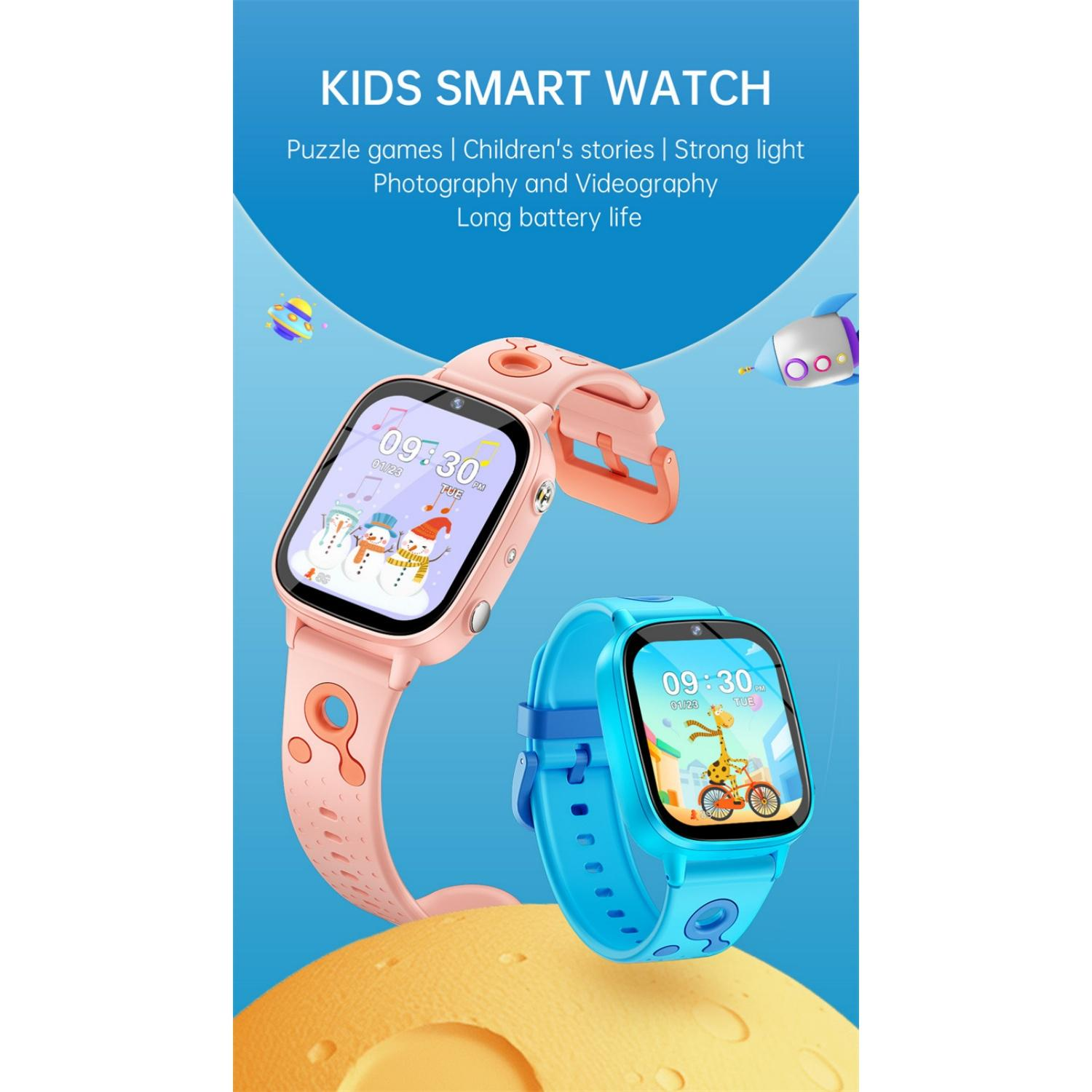 Zwei Kinder-Smartwatches, eine rosa und eine blau, auf blauem Hintergrund.