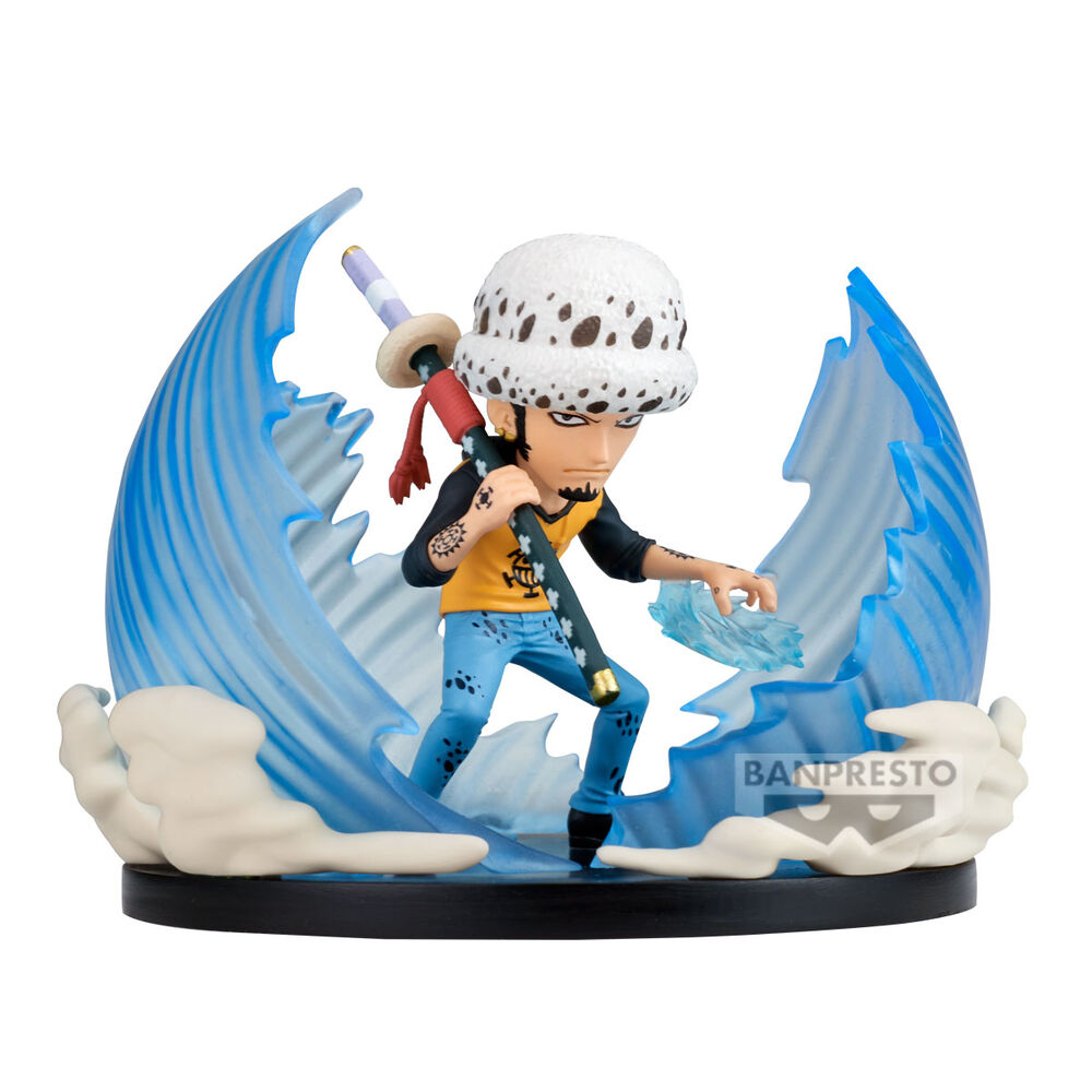 Eine Figur von Trafalgar Law mit Hut, Schwert und blauen Wellen im Hintergrund.