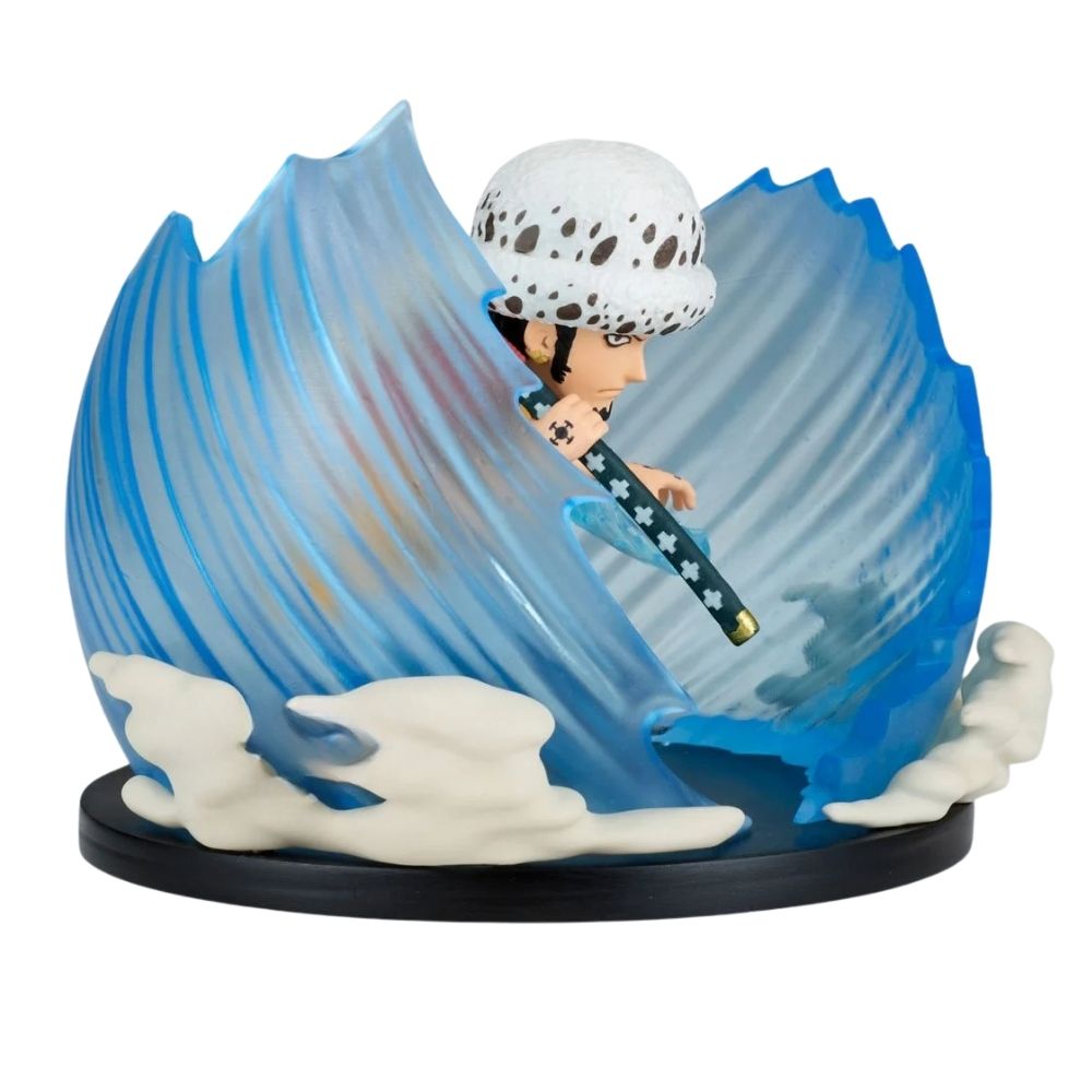 Eine Figur mit weißer Mütze mit schwarzen Punkten und einem Schwert, umgeben von blauen Wellen.