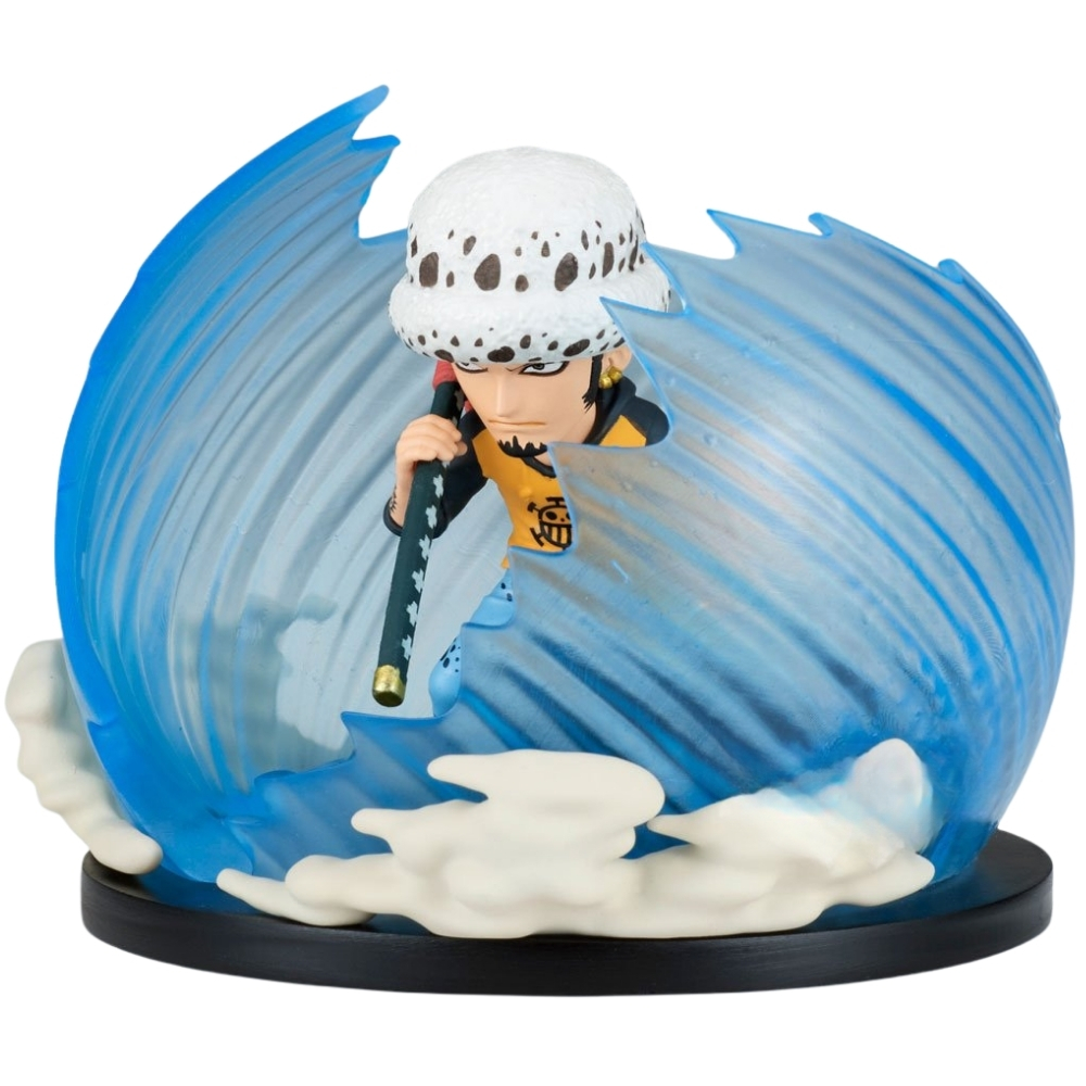 Figur eines Mannes mit Hut, umgeben von blauer Energie, auf schwarzem Sockel.