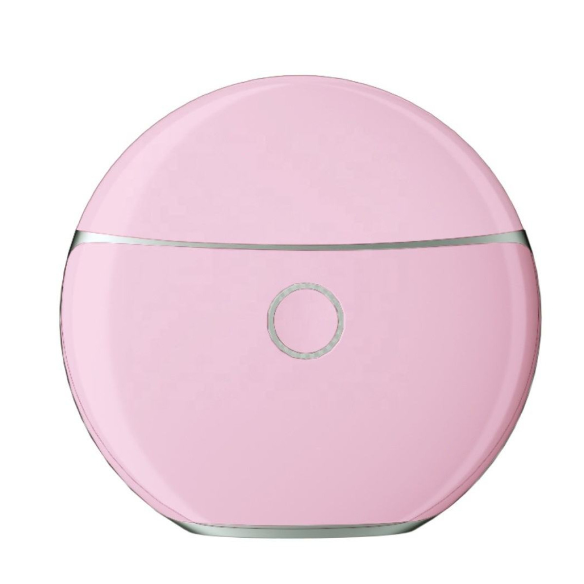 Un solvente per unghie rotondo e rosa con accenti argentati e un cerchio.