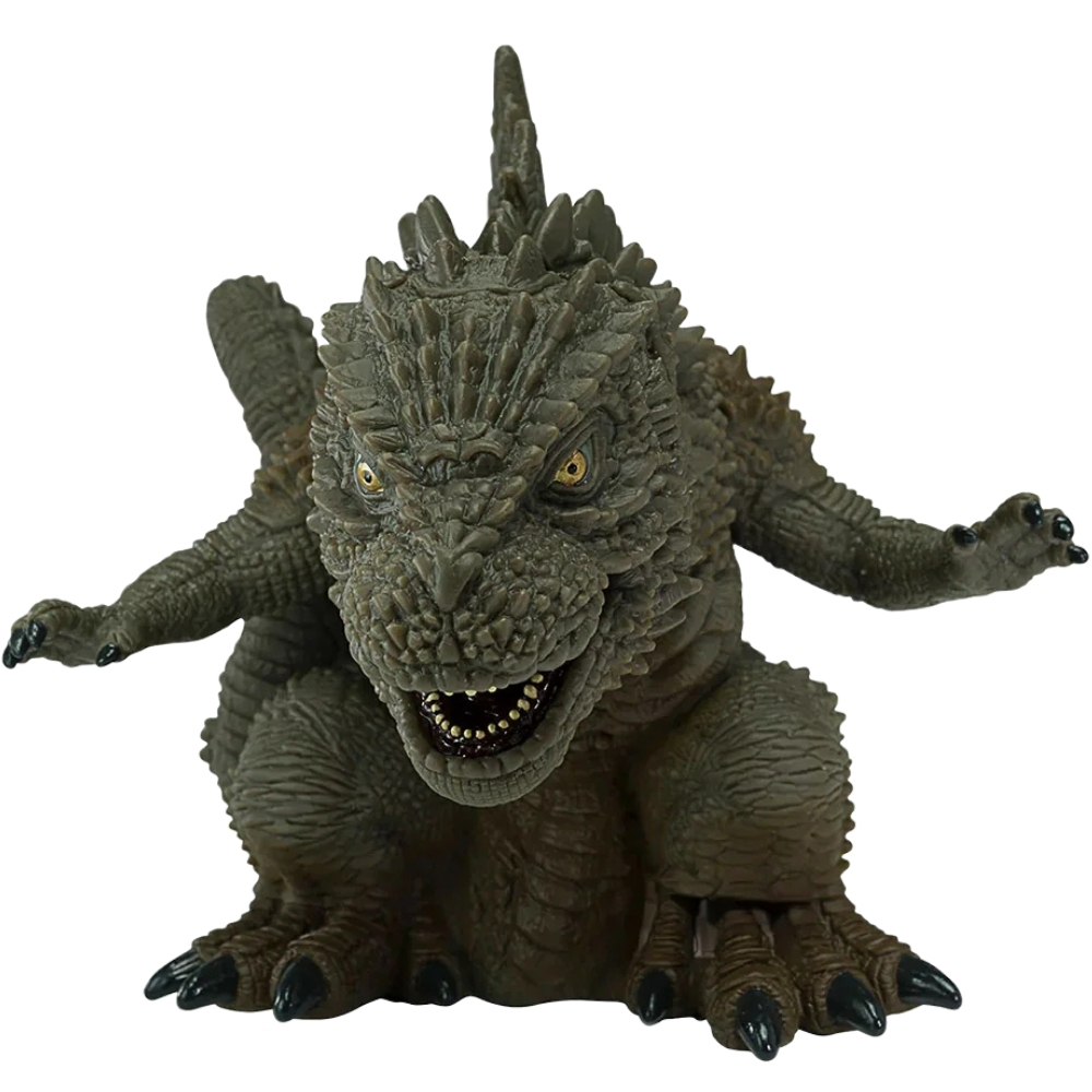 Eine grüne Godzilla-Figur mit gelben Augen und geöffnetem Maul.