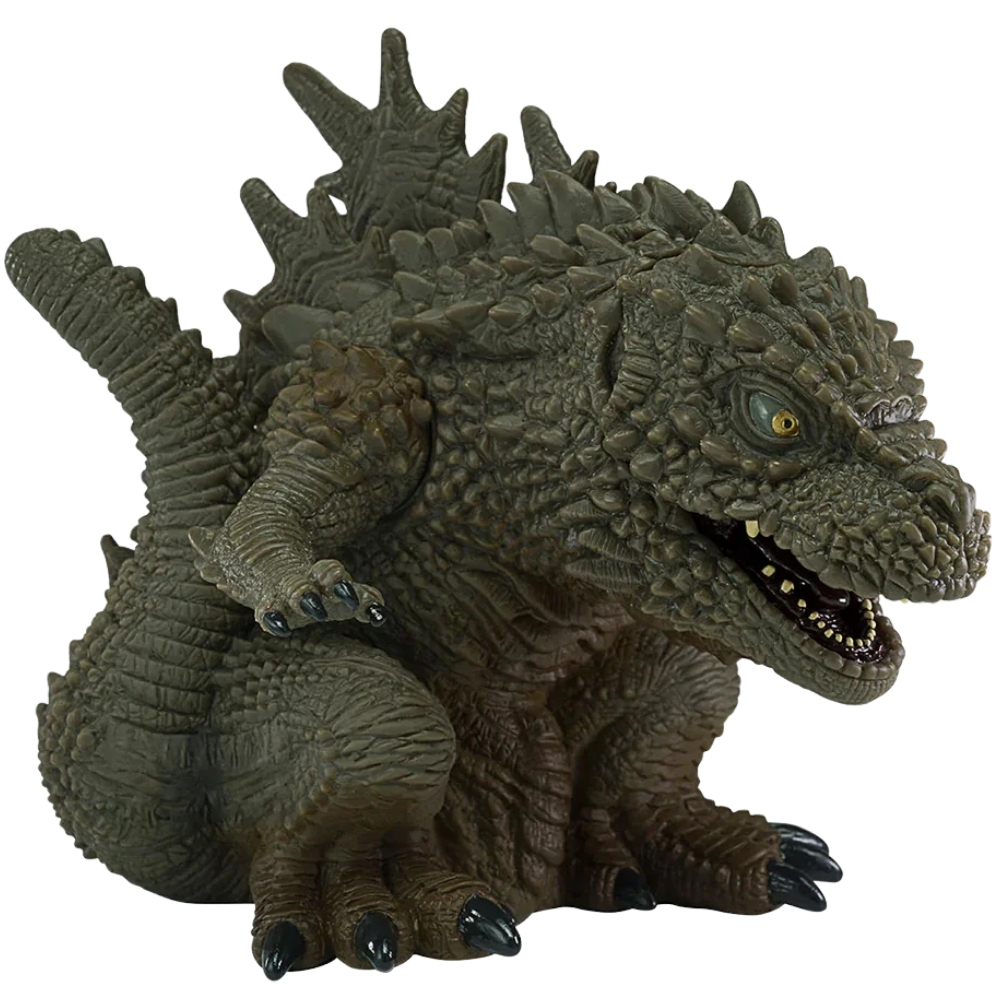 Eine grüne Godzilla-Figur mit gezackten Rückenplatten kauert auf einem weißen Hintergrund.