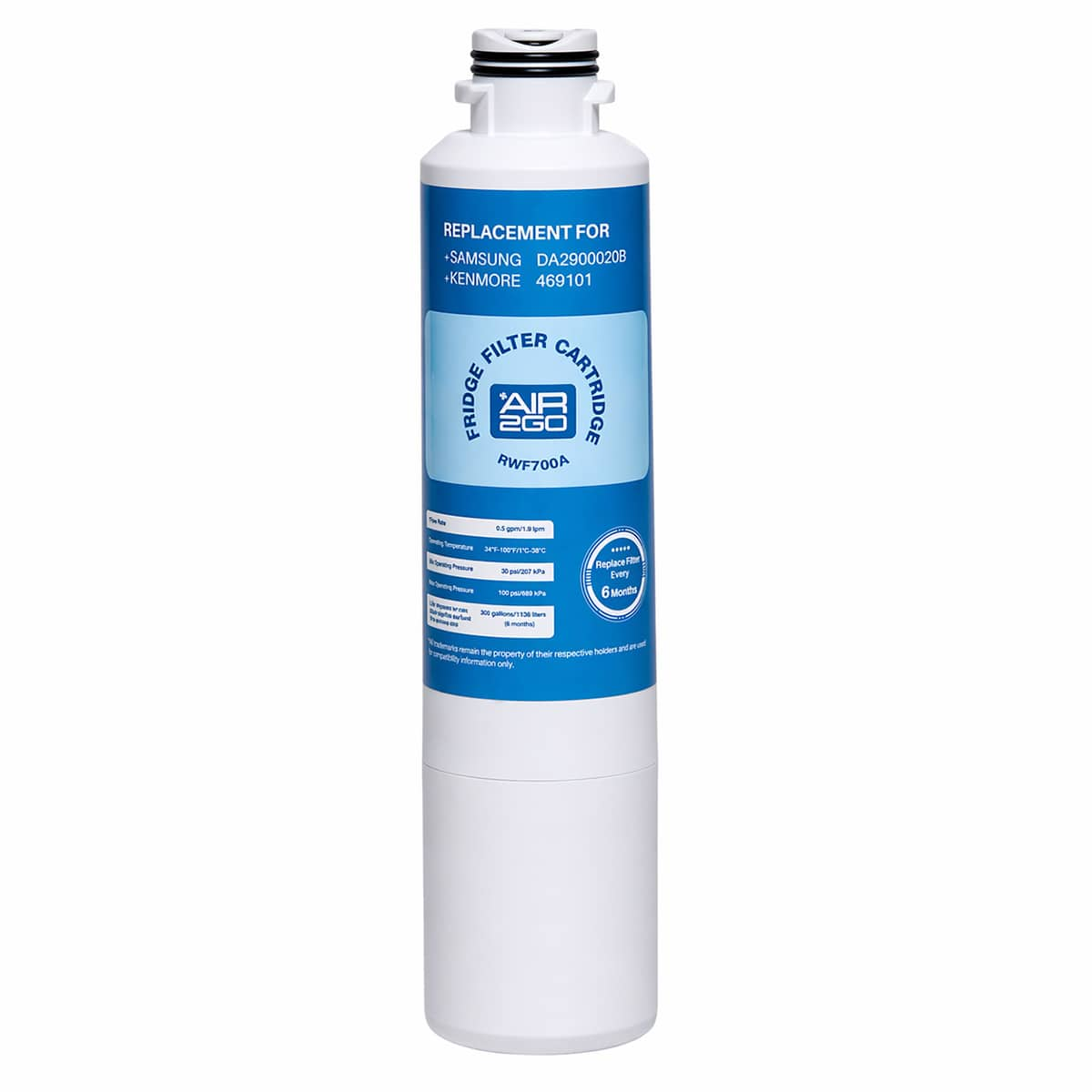 Ein weißer Kühlschrankfilter mit blauem Etikett, der für Samsung und Kenmore geeignet ist.