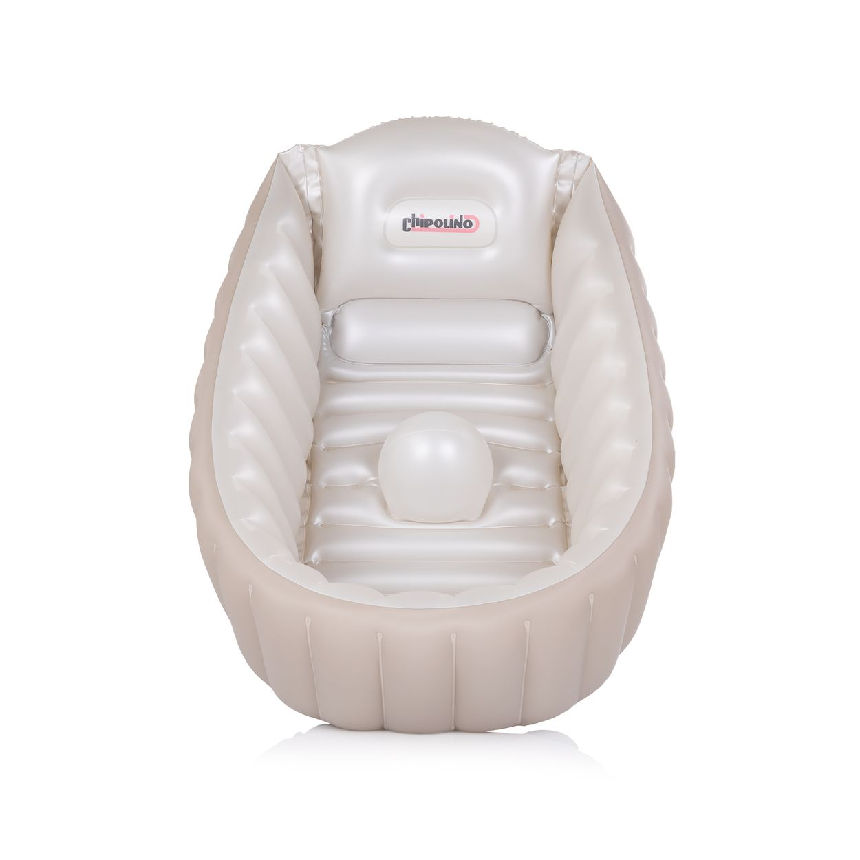 Aufblasbare Babywanne in Weiß und Beige mit Kopfstütze und Sitzstütze.