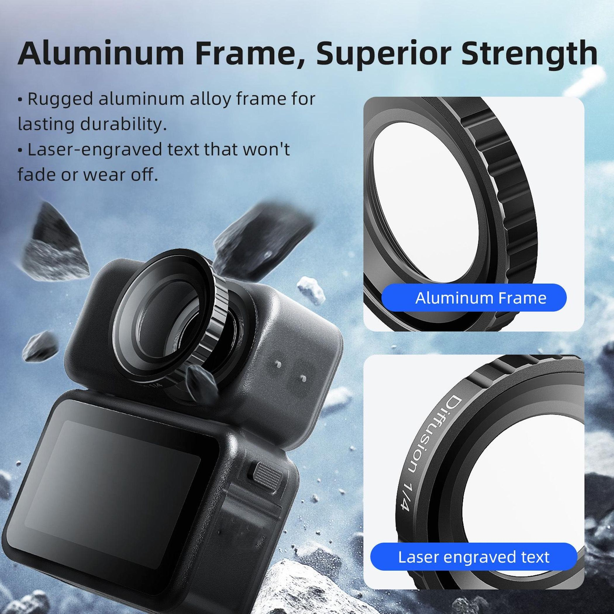 Action camera con telaio in alluminio e incisione laser. Rocce in volo.