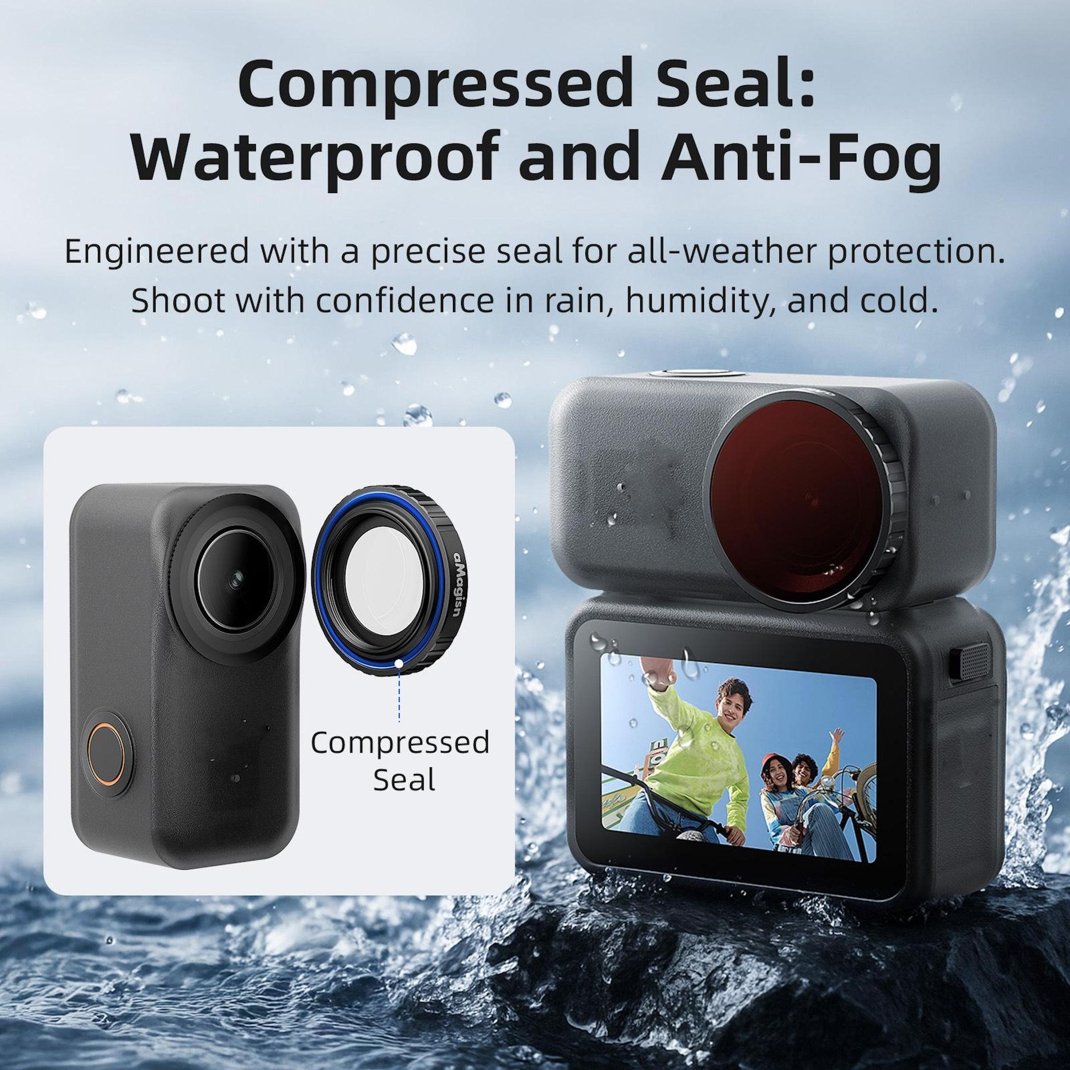 Action camera con guarnizione compressa, impermeabile e anti-appannamento.