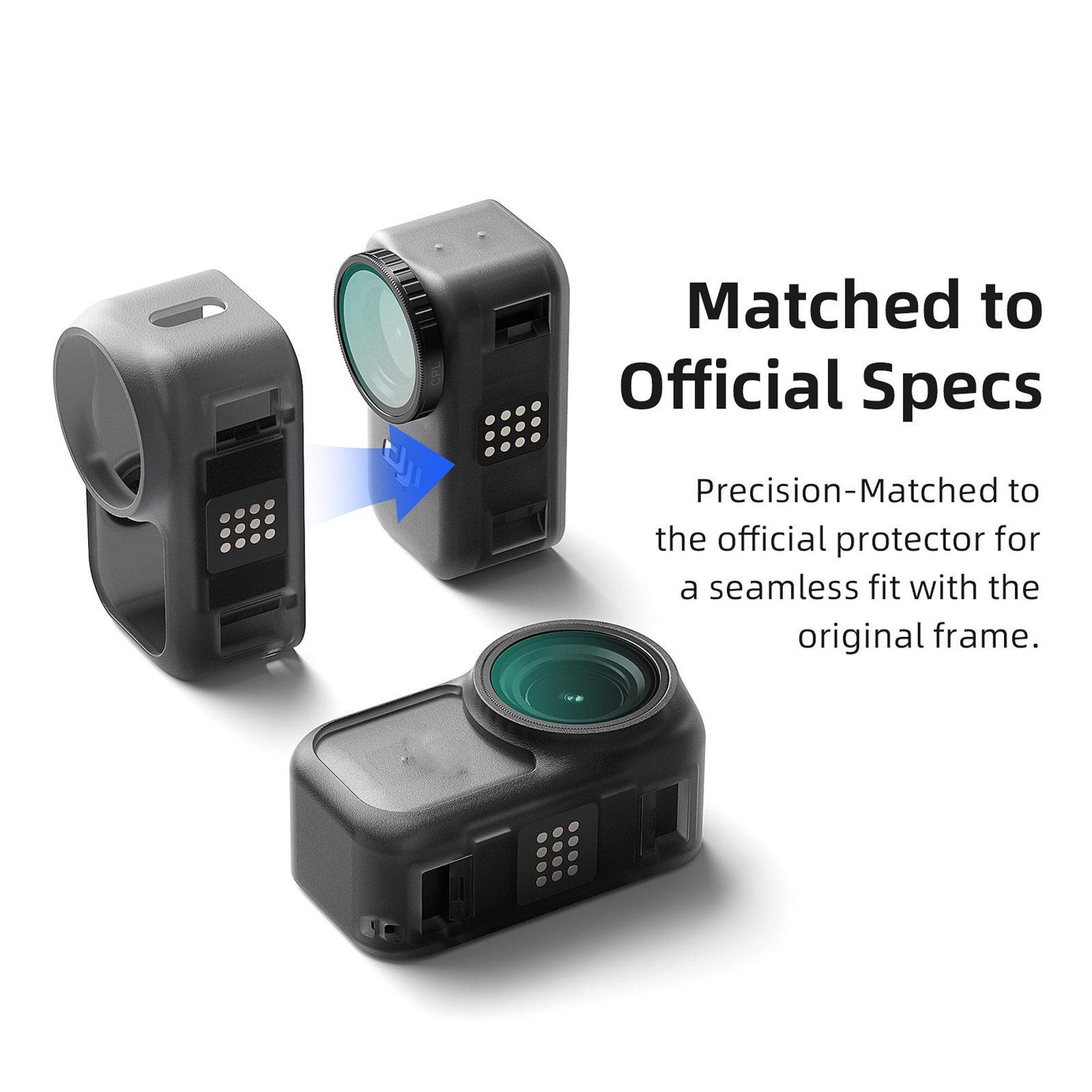 Tre accessori per fotocamera neri su sfondo bianco. Testo: 'Matched to Official Specs'.