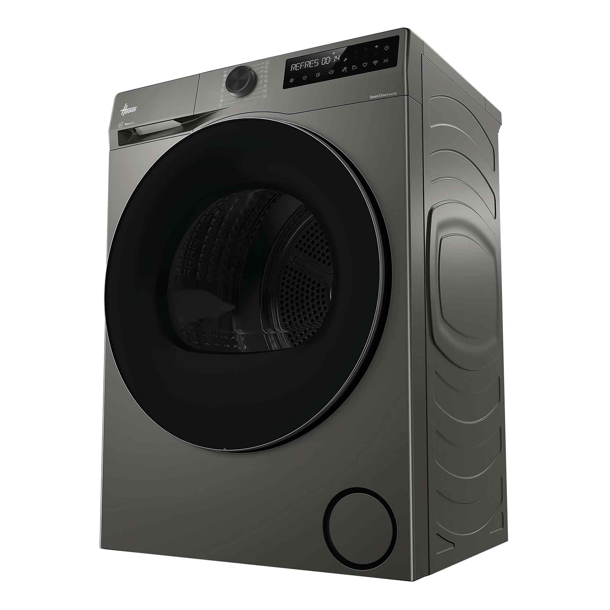Eine graue Waschmaschine mit schwarzer Tür und Bedienfeld.
