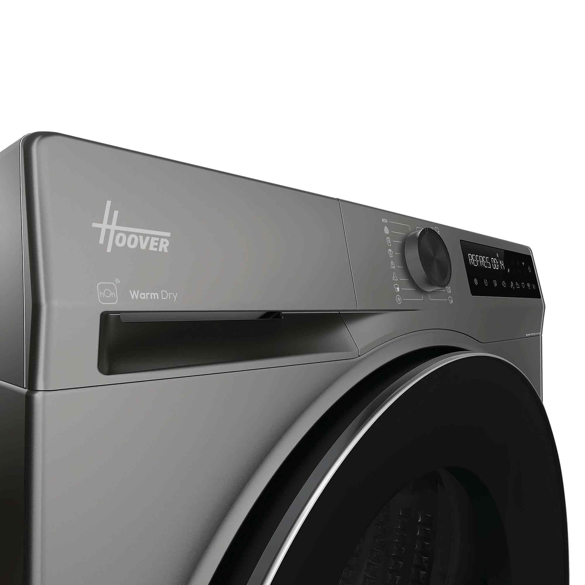 Grauer Hoover Trockner mit digitalem Display und Bedienknopf.