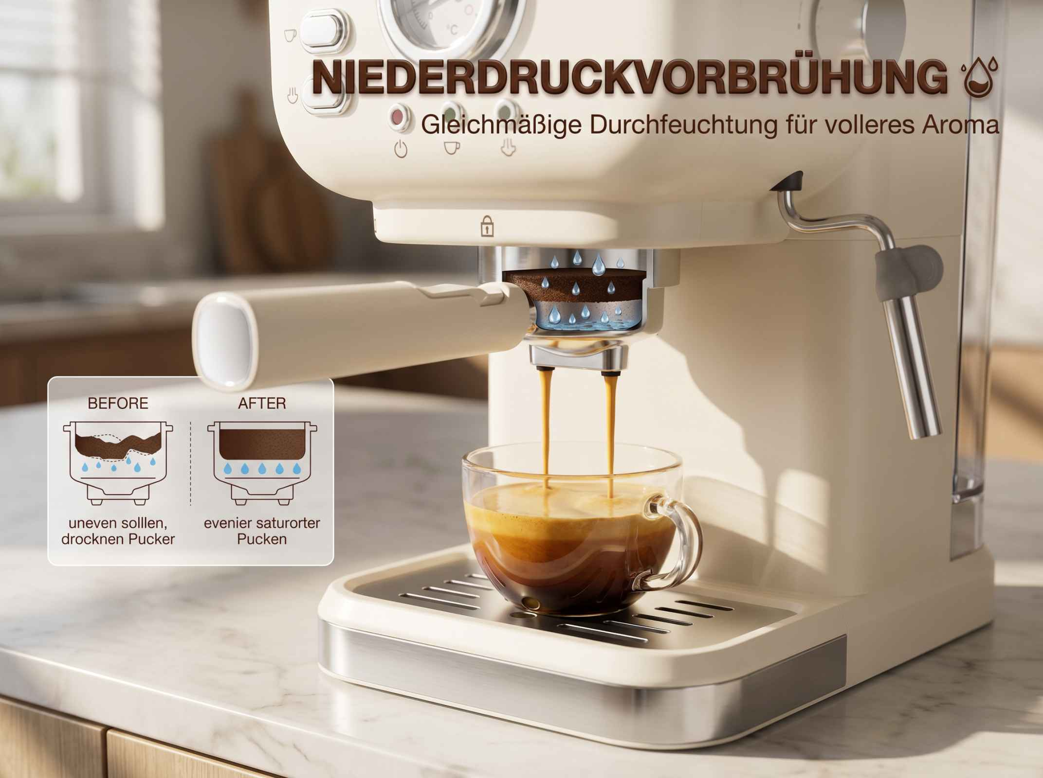 Eine beige Espressomaschine brüht Kaffee in eine Glas Tasse. Vorher/Nachher Vergleich.