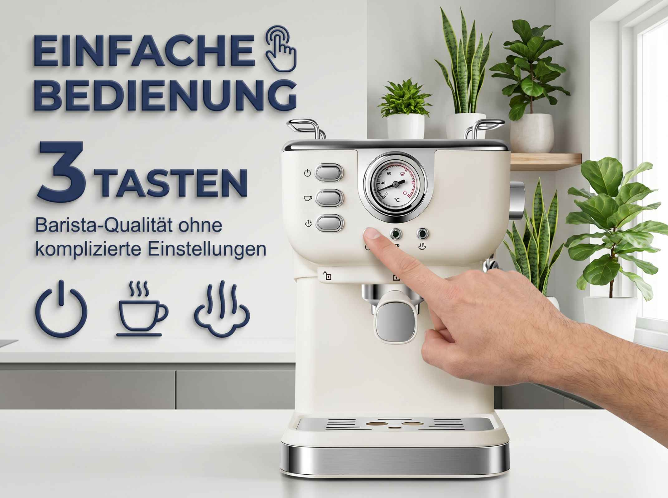 Eine cremefarbene Kaffeemaschine mit Thermometer und drei Knöpfen. Eine Hand drückt einen Knopf.