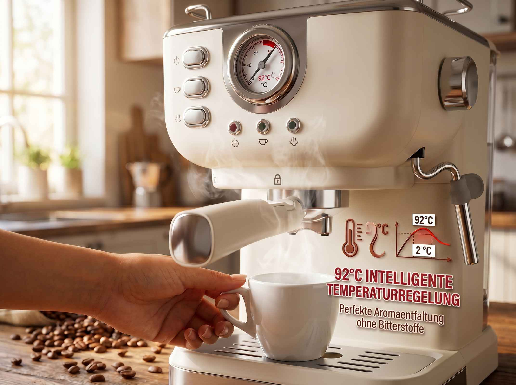 Eine Hand hält eine Tasse unter einer Espressomaschine, die Dampf abgibt.