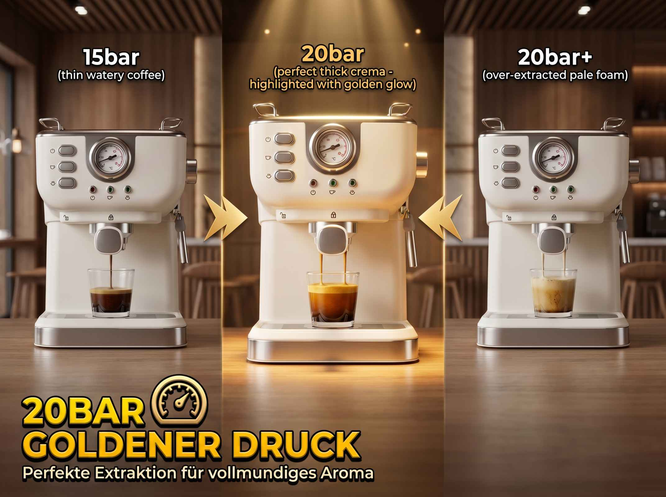 Drei Espressomaschinen mit unterschiedlichen Brühdrücken und Kaffeeergebnissen.