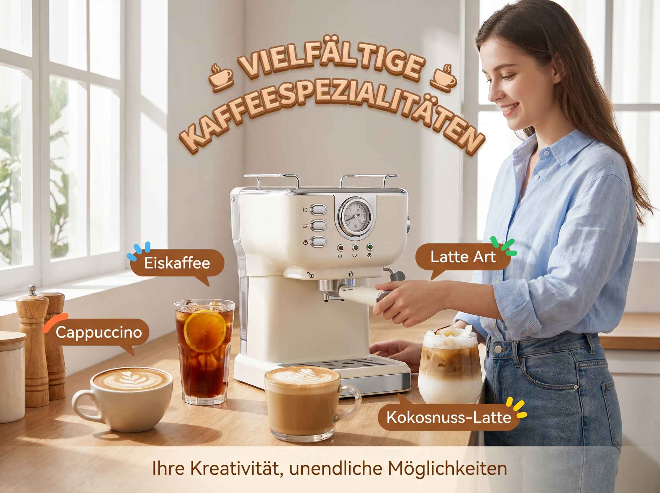Eine Frau lächelt neben einer Kaffeemaschine mit verschiedenen Kaffeespezialitäten.