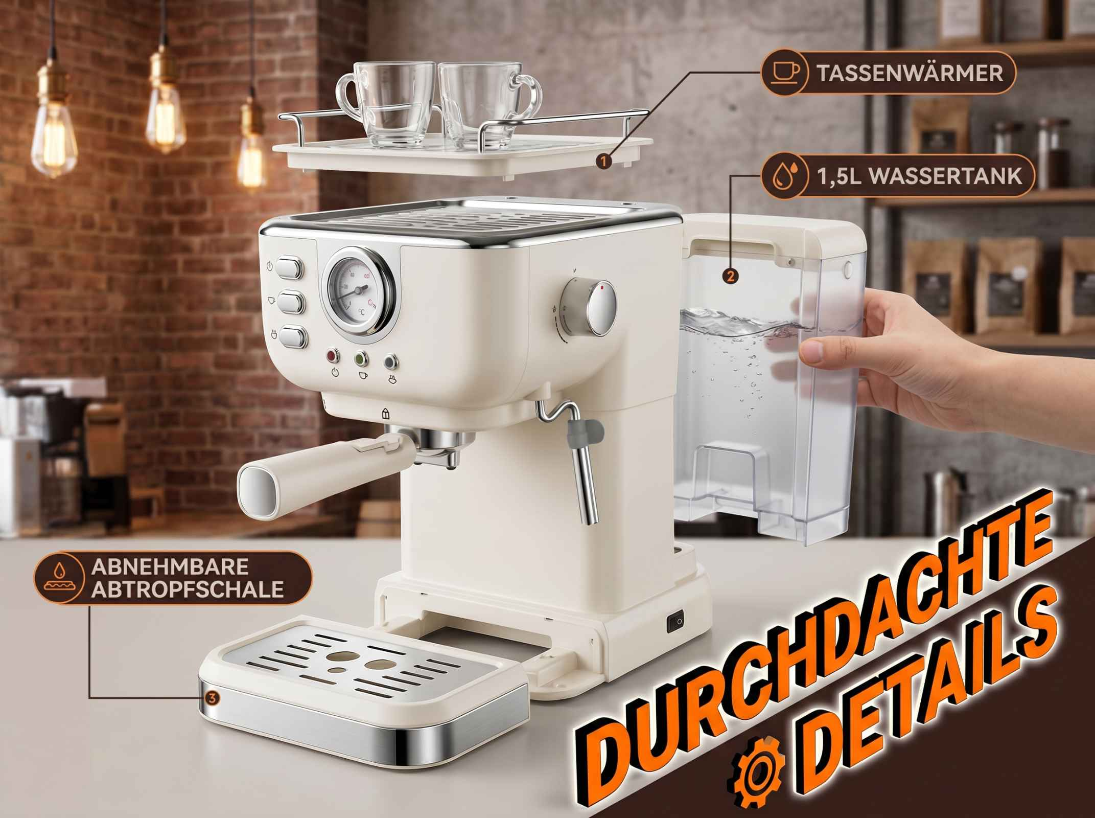 Eine cremefarbene Espressomaschine mit abnehmbarer Abtropfschale und Wassertank.