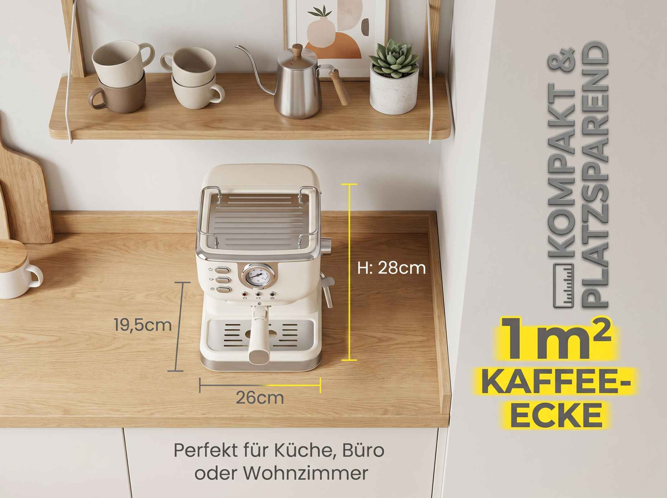 Eine cremefarbene Espressomaschine mit Messingakzenten steht auf einem Holztresen.