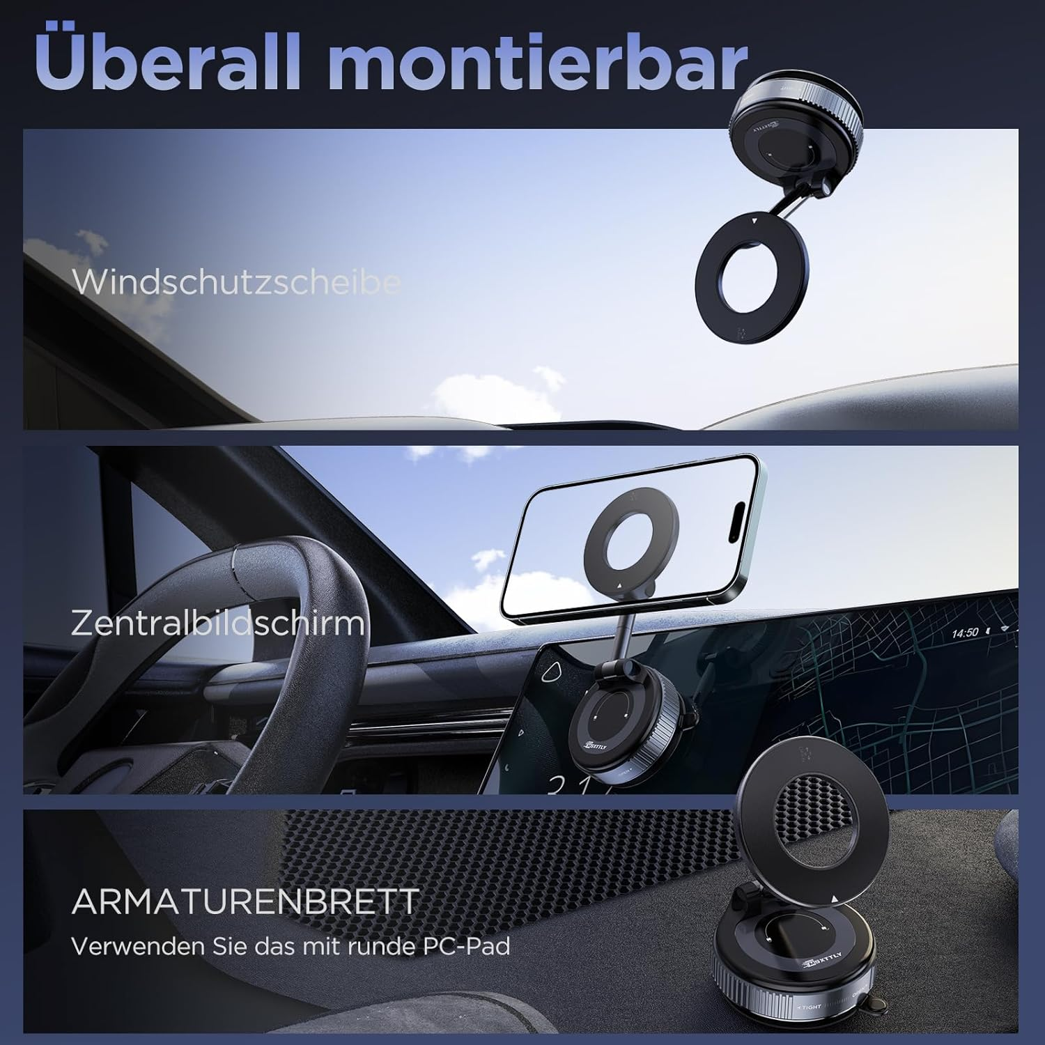 Ein schwarzer Handyhalter wird an drei Orten gezeigt: Windschutzscheibe, Armaturenbrett, Zentralbildschirm.