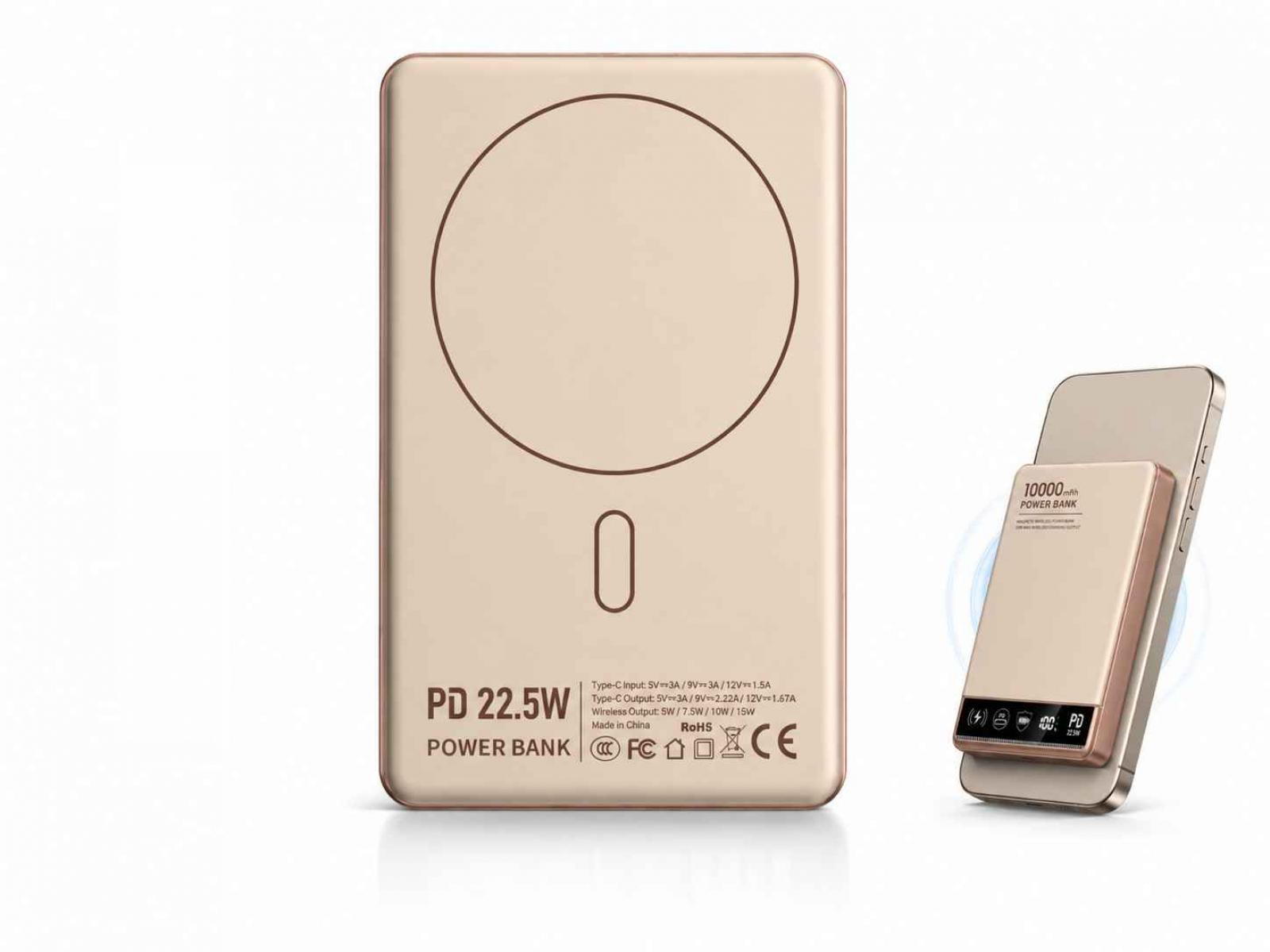 Ein goldener 10000mAh Powerbank liegt neben einem Smartphone.
