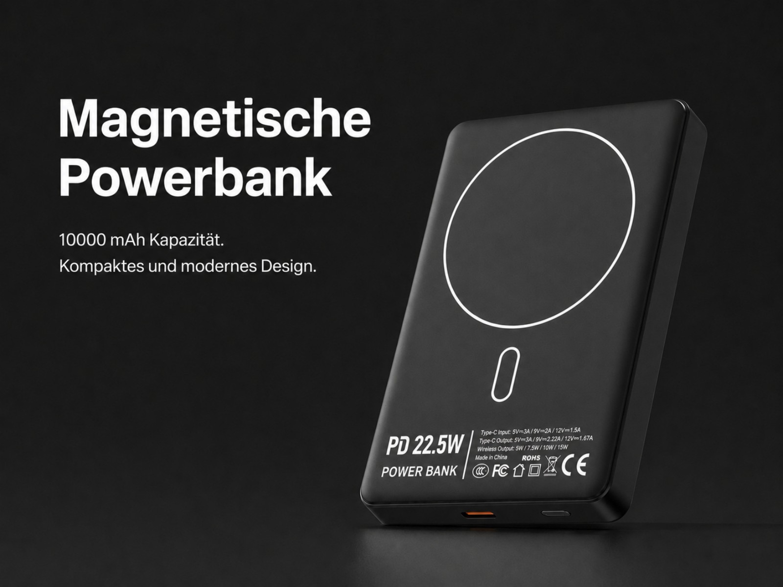 Schwarze magnetische Powerbank mit 10000 mAh Kapazität und PD 22.5W.