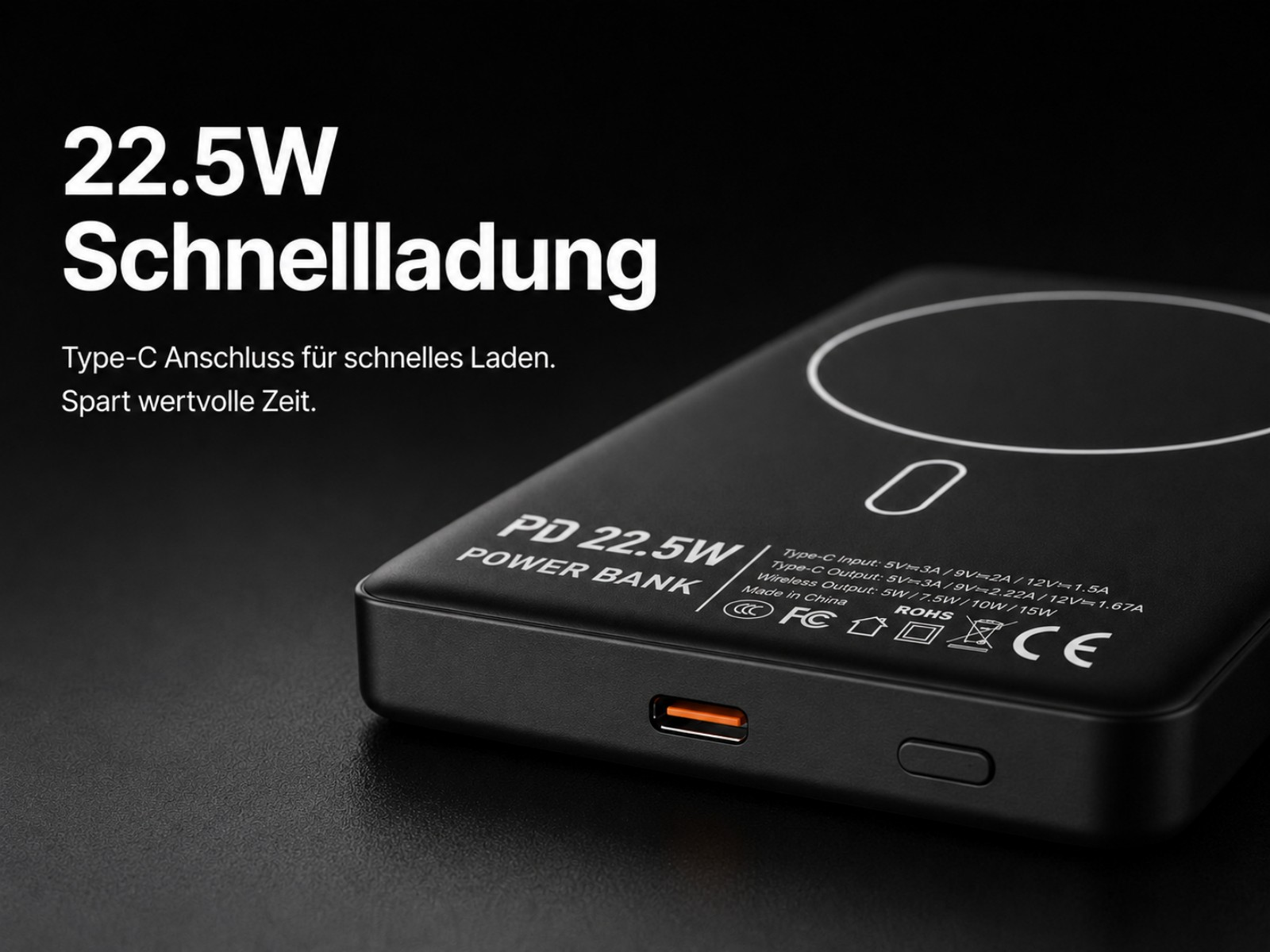 Schwarzes Powerbank mit 22,5W Schnellladung und Type-C Anschluss.