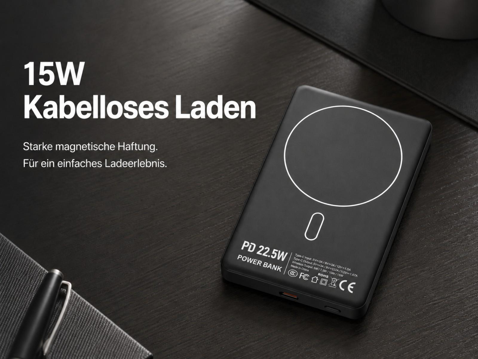 Schwarze Powerbank mit weißem Kreis und Ladeanzeige.