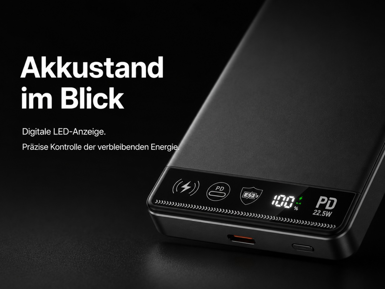 Schwarzes Ladeetui mit LED-Anzeige für 100% Akku und 22,5W PD.