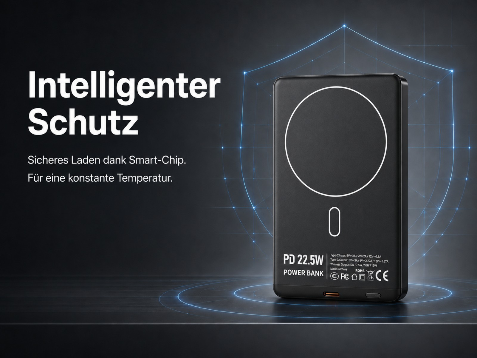 Schwarzes Powerbank mit weißem Kreis, PD 22.5W, "Intelligenter Schutz".