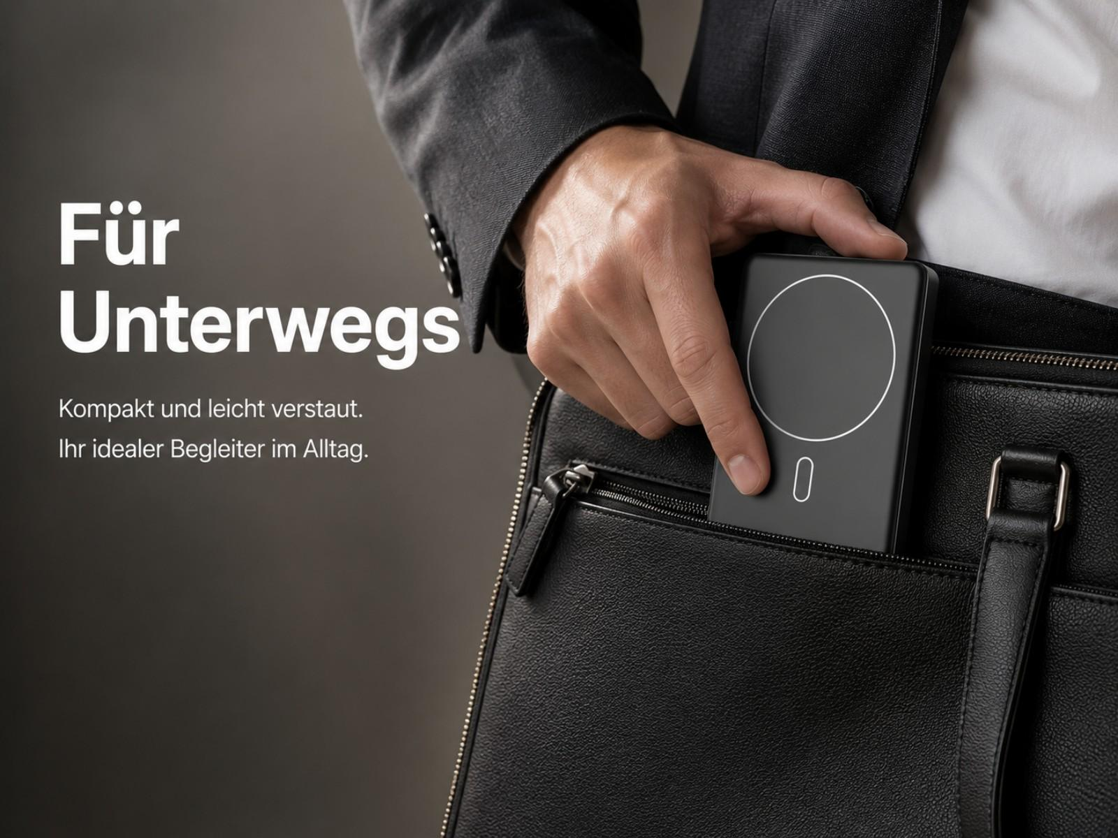 Mann steckt schwarzes Gerät mit Kreis in schwarze Tasche.