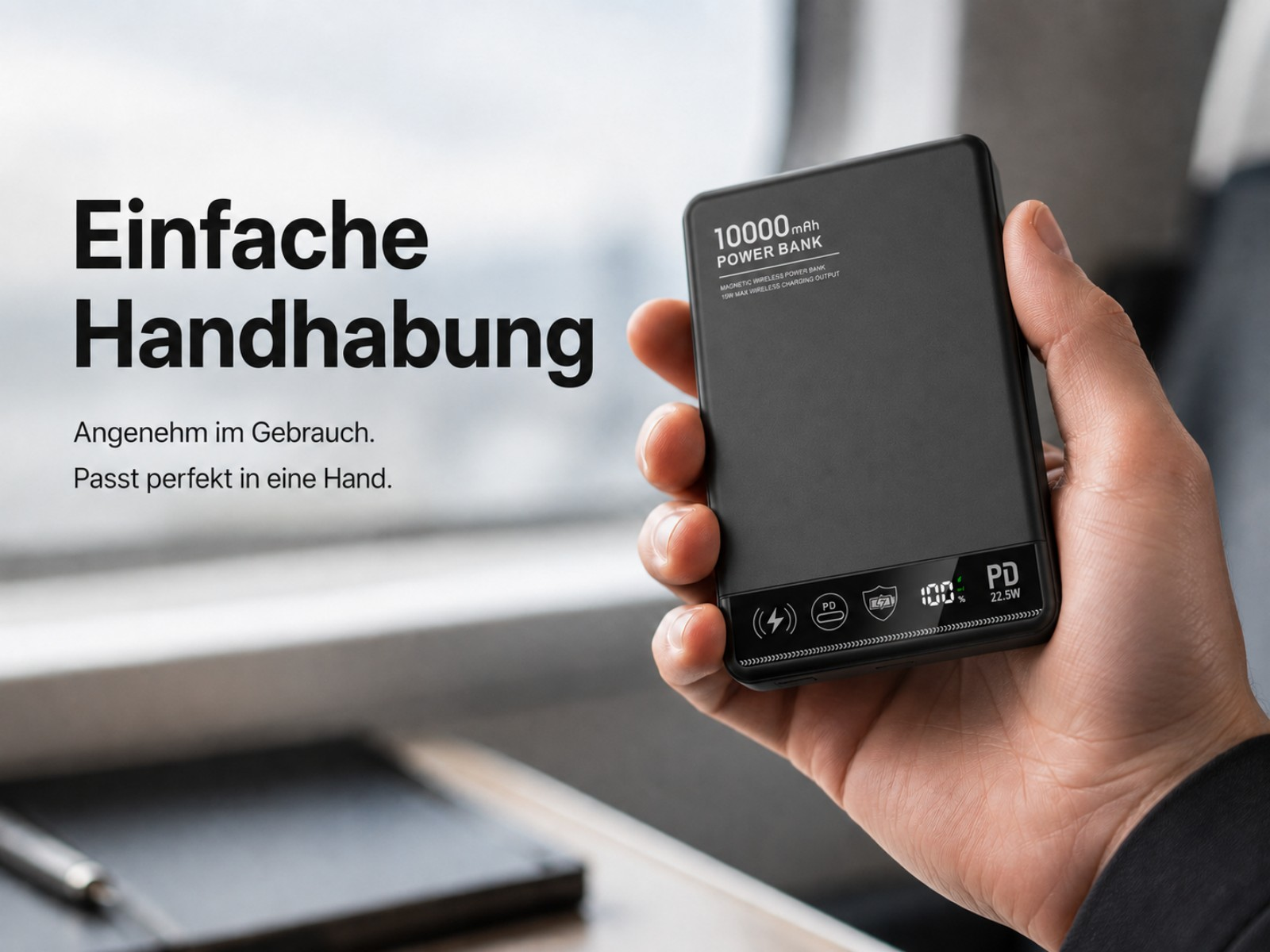 Schwarze Powerbank mit 10000mAh wird in einer Hand gehalten.