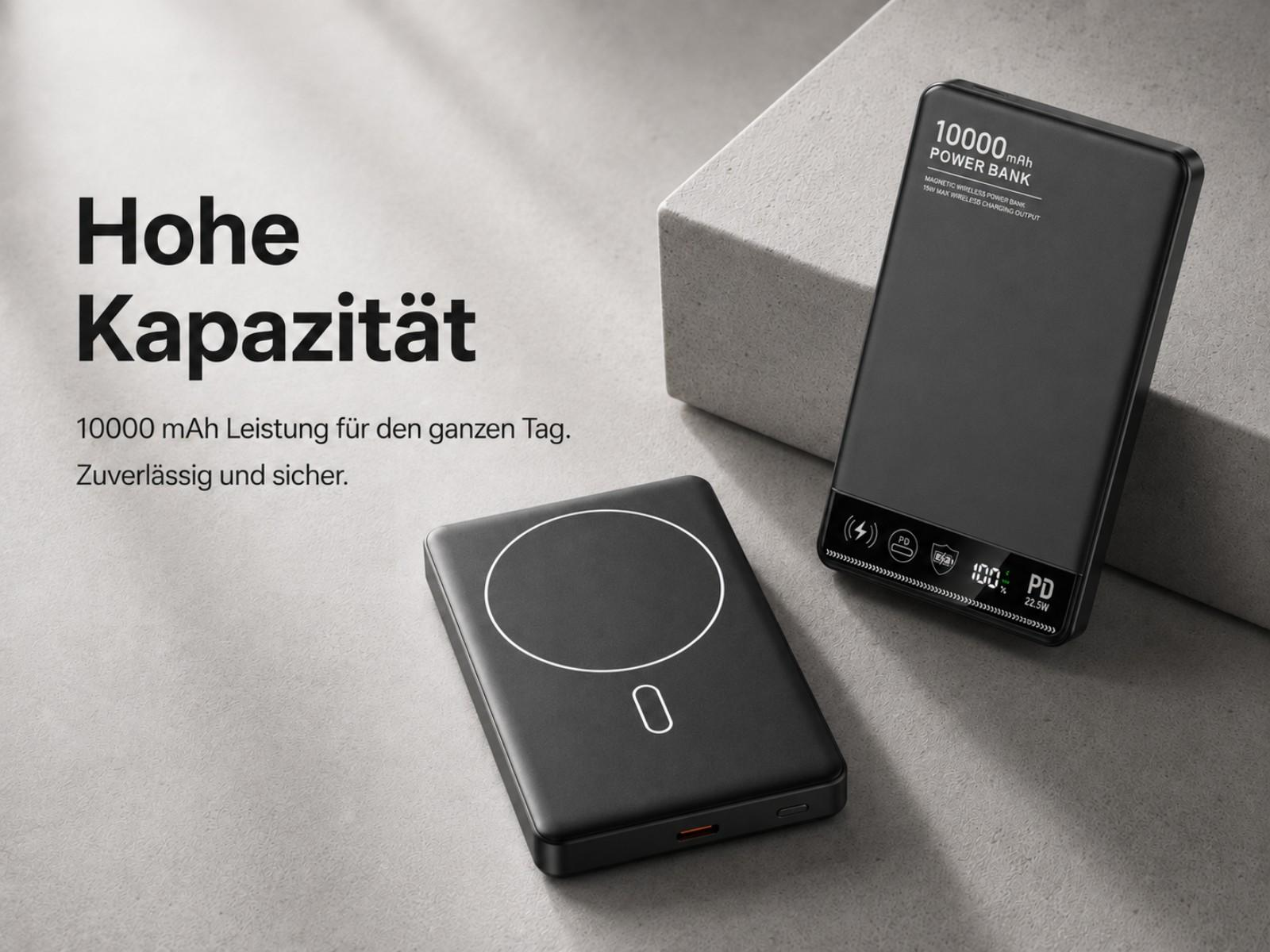 Zwei schwarze Powerbanks auf grauem Untergrund. Eine zeigt 10000 mAh an.