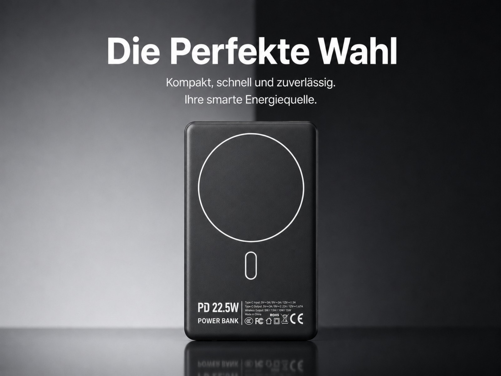 Schwarzes Powerbank mit weißem Kreis und Text. Kompakt, schnell, zuverlässig.