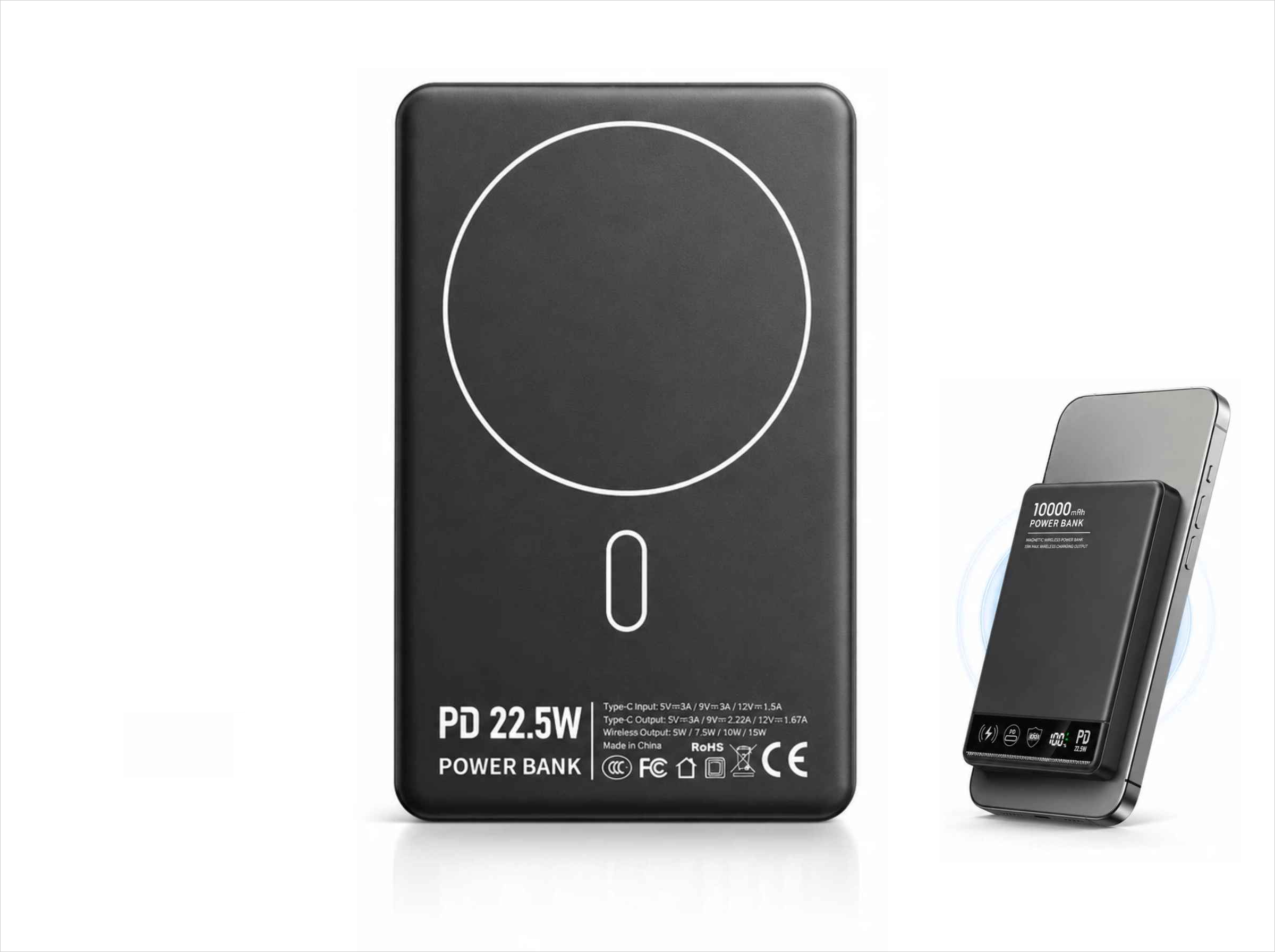 Schwarze Powerbank mit 10000 mAh und drahtloser Ladefunktion, daneben ein Smartphone.