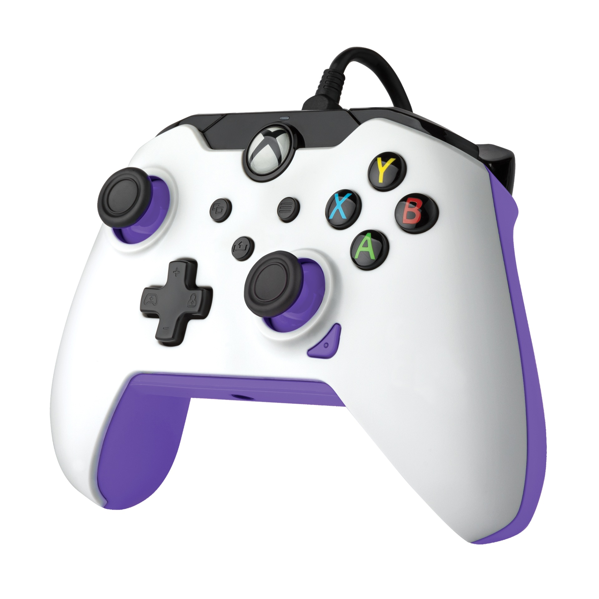 Une manette Xbox blanche et violette filaire, vue de face.