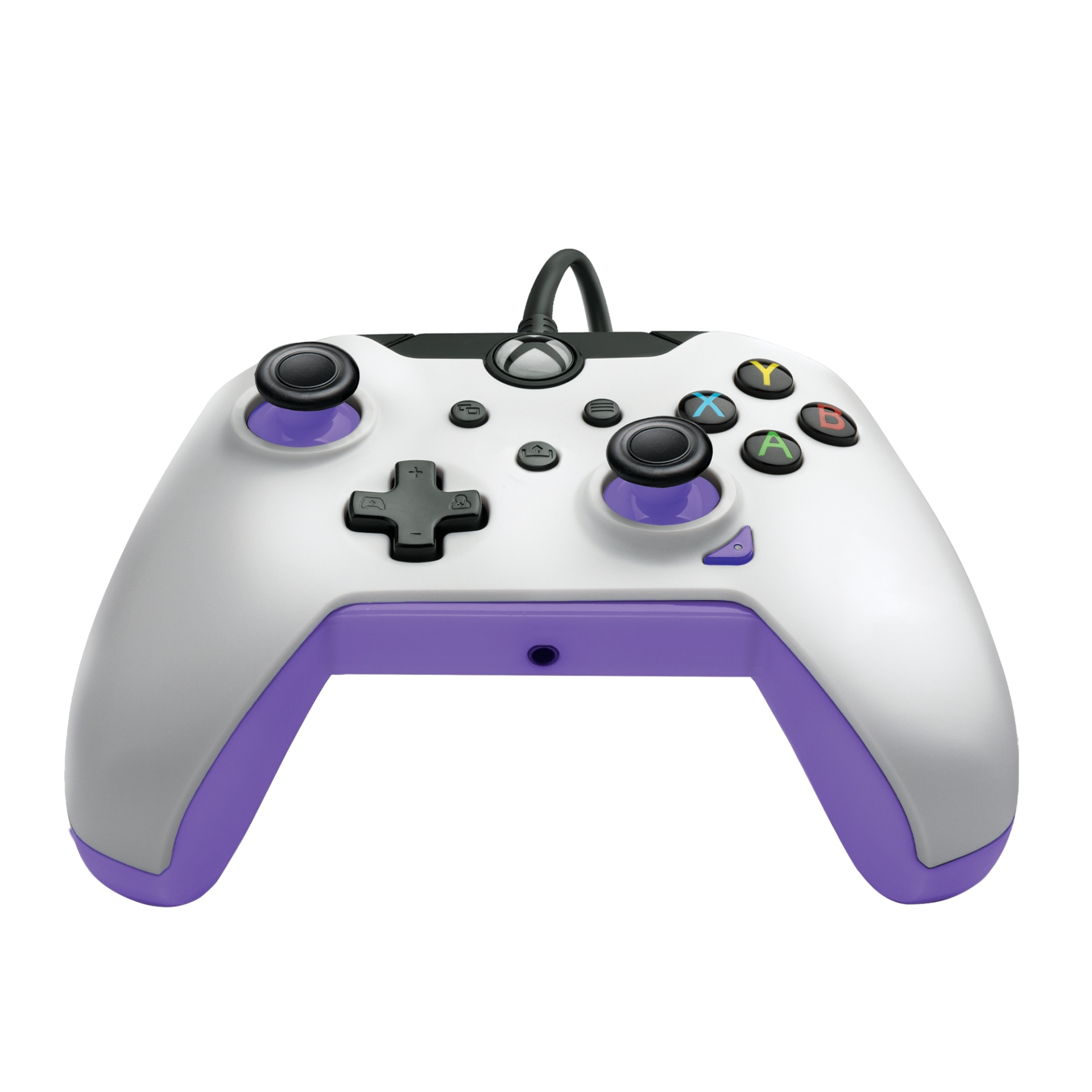 Une manette Xbox blanche avec des accents violets et des boutons noirs.