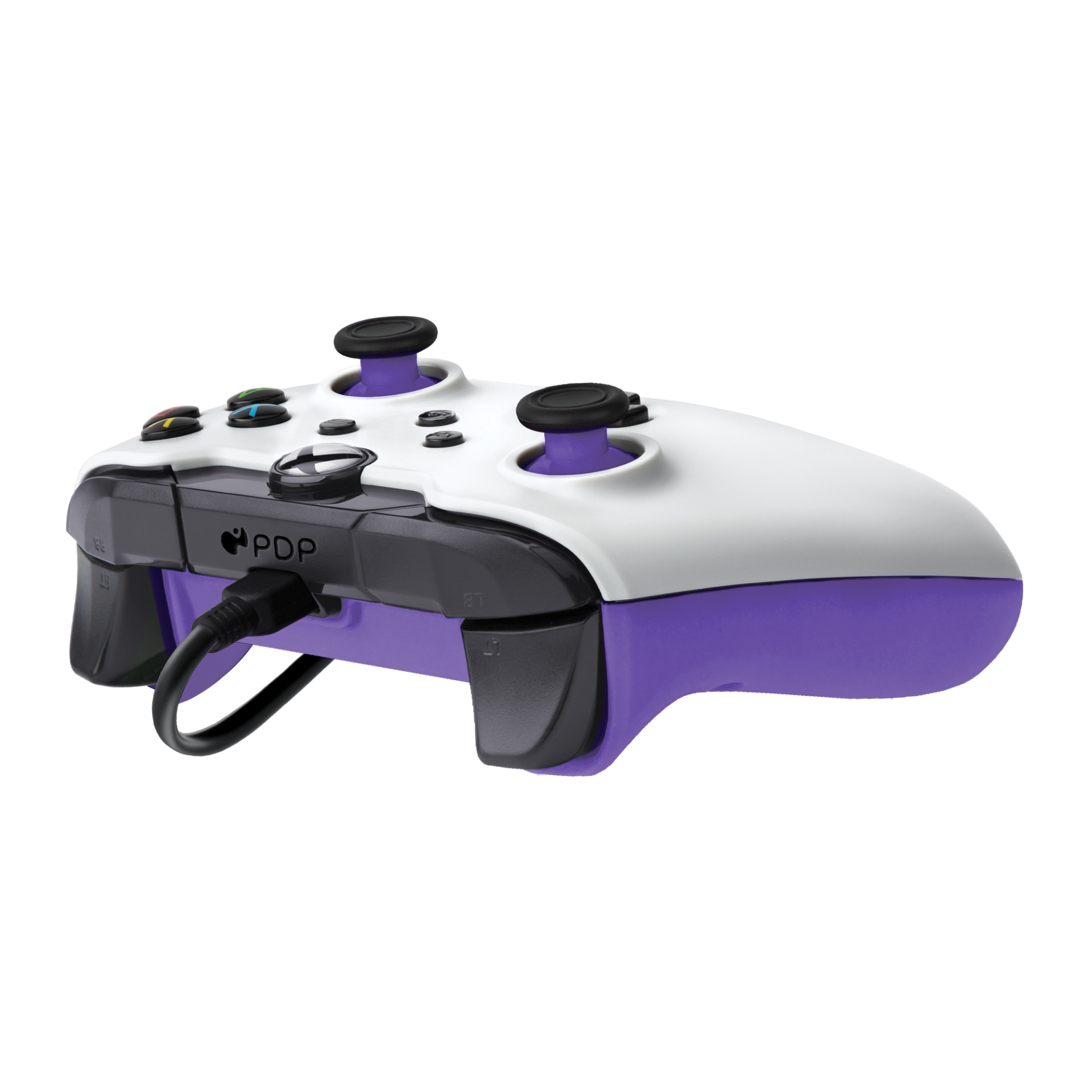 Une manette PDP blanche et violette avec un câble noir sur fond blanc.