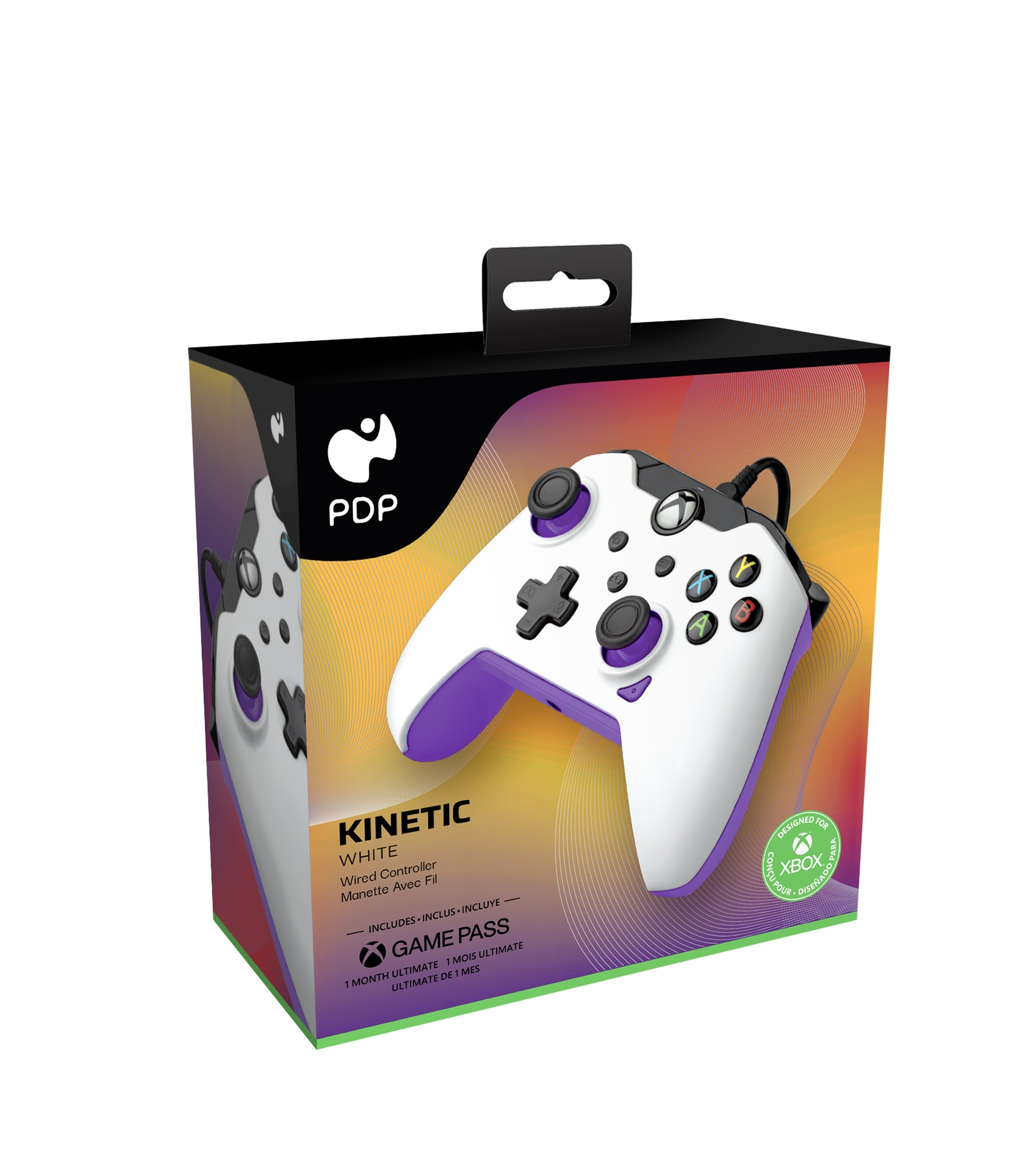 Boîte blanche manette Xbox PDP Kinetic avec touches violettes et logo Game Pass.