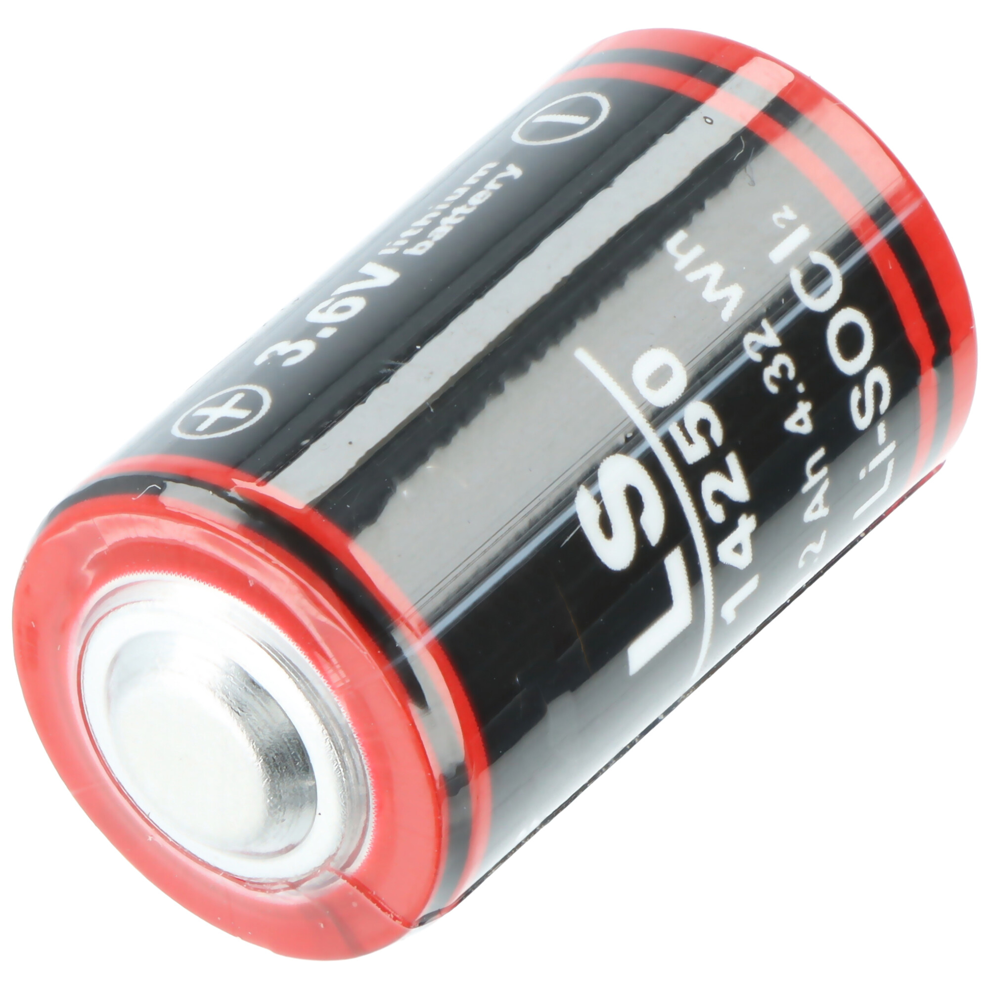Eine 3,6V Lithiumbatterie mit rotem und schwarzem Streifen, weißer Beschriftung.