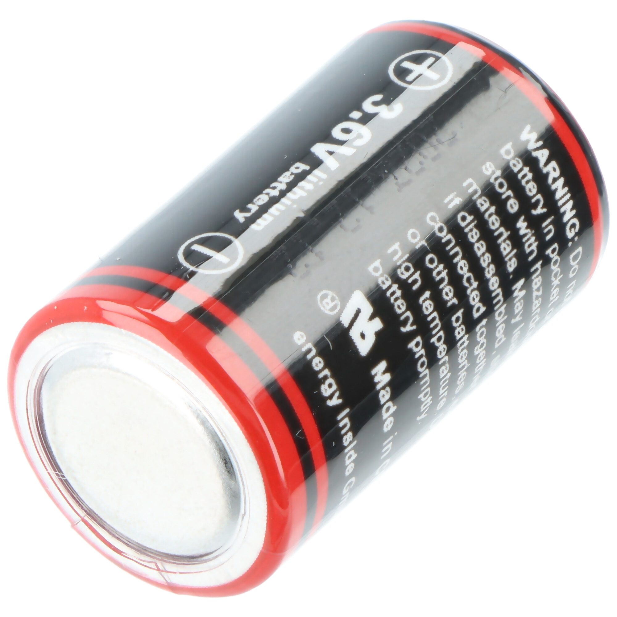 Eine 3,6V Lithiumbatterie mit rotem und schwarzem Streifenmuster, weißer Schrift.